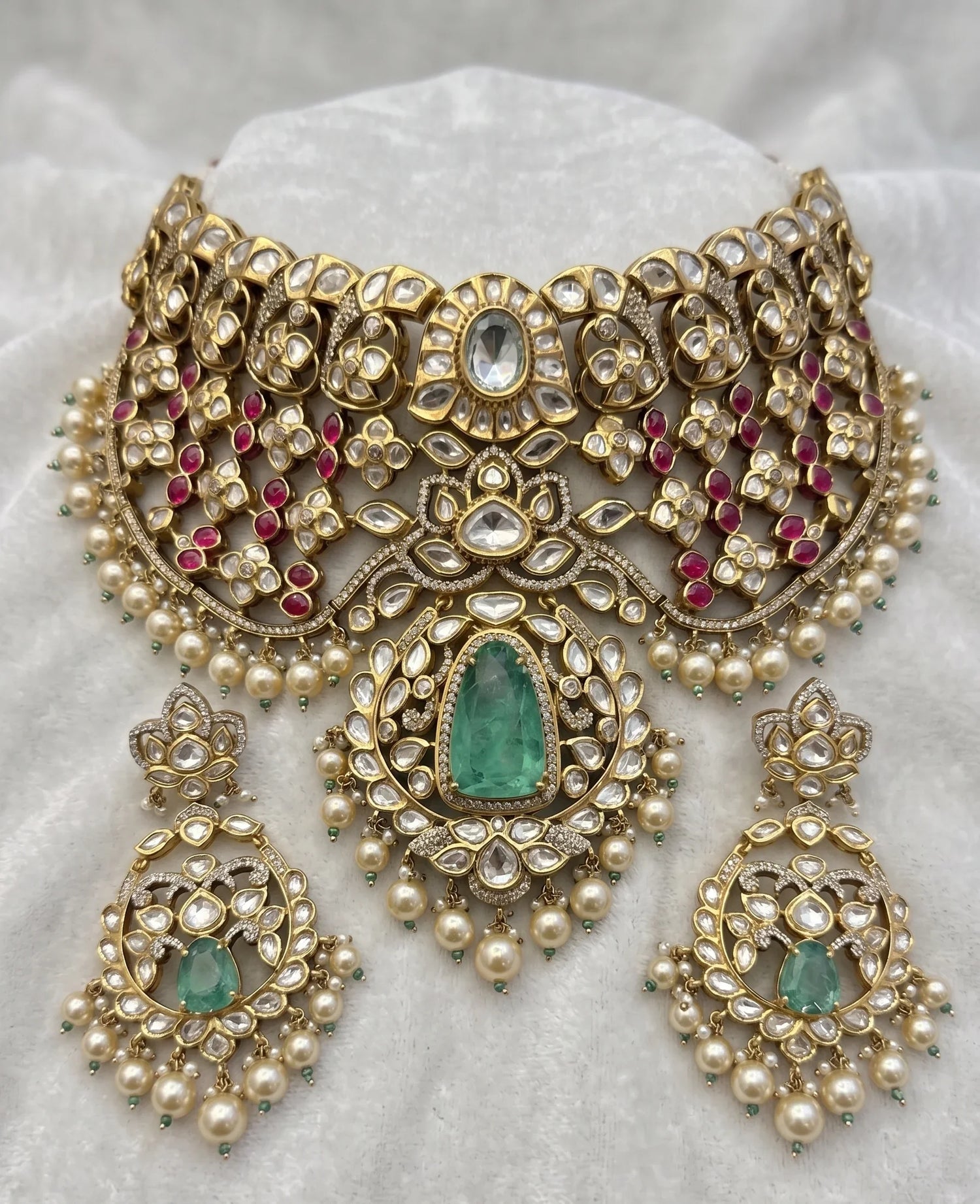 Luxury Bridal Polki Choker Necklace Set – Gold Plated