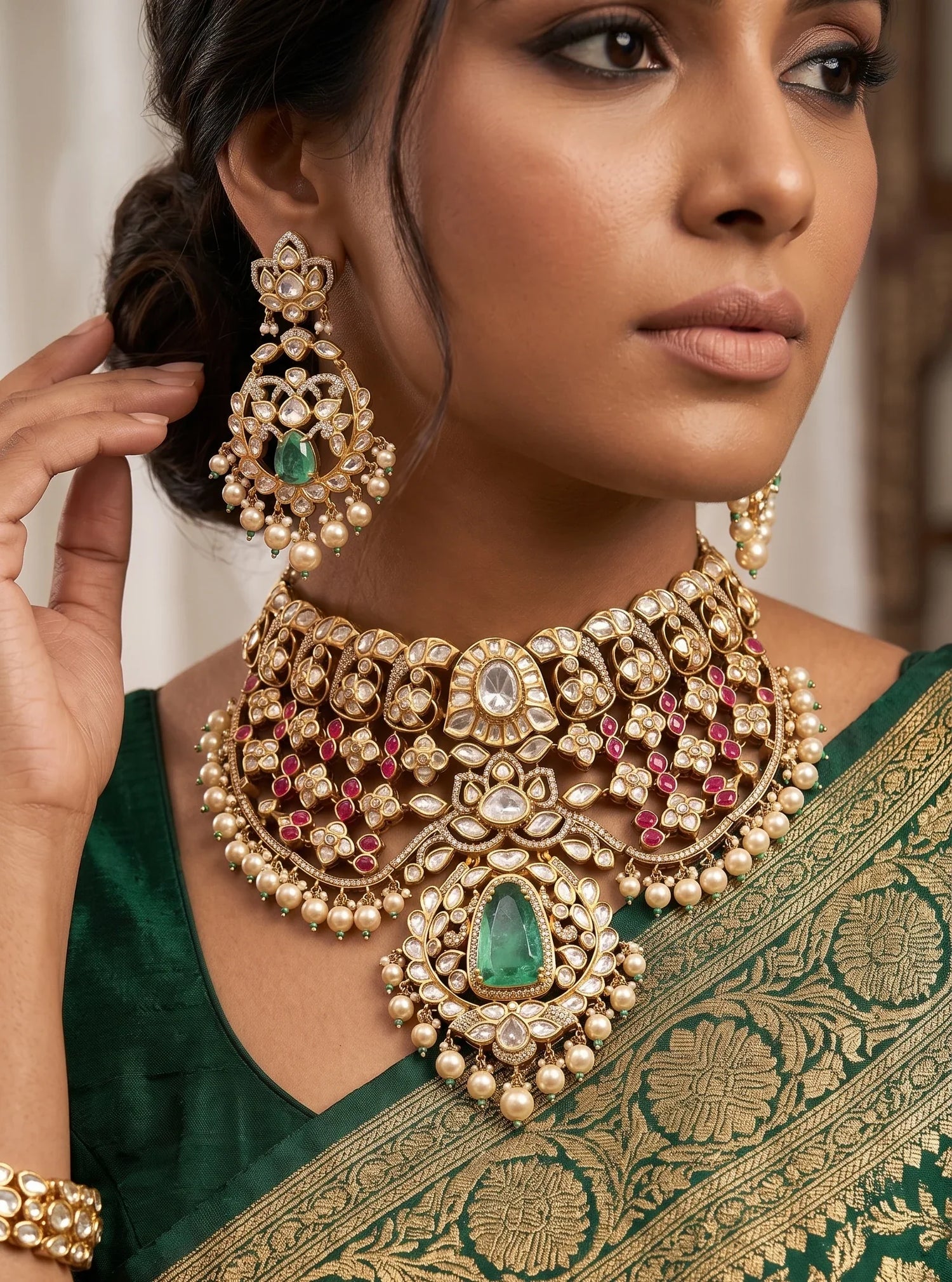 Luxury Bridal Polki Choker Necklace Set – Gold Plated