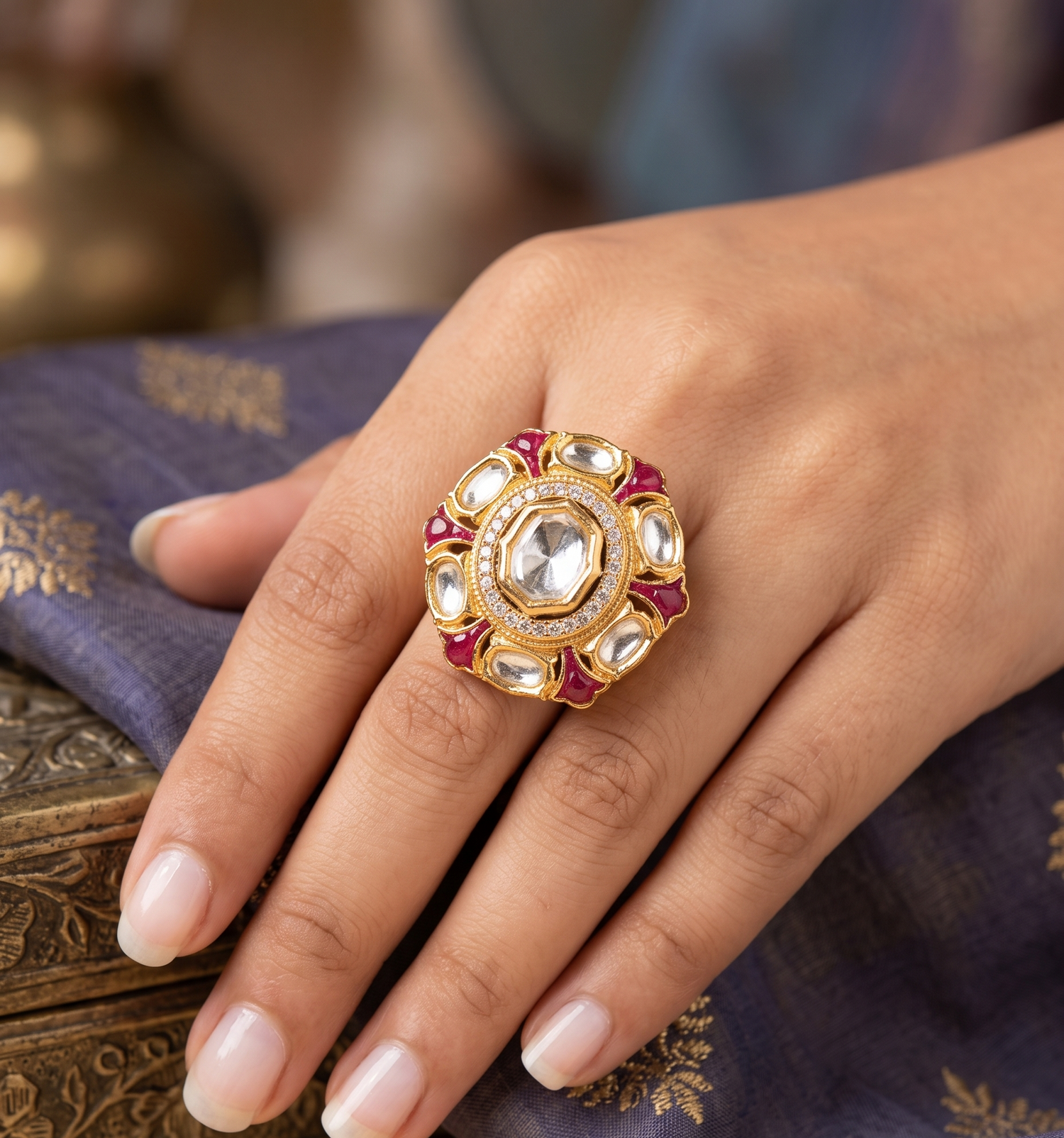 Kundan Regal Ring - Gold