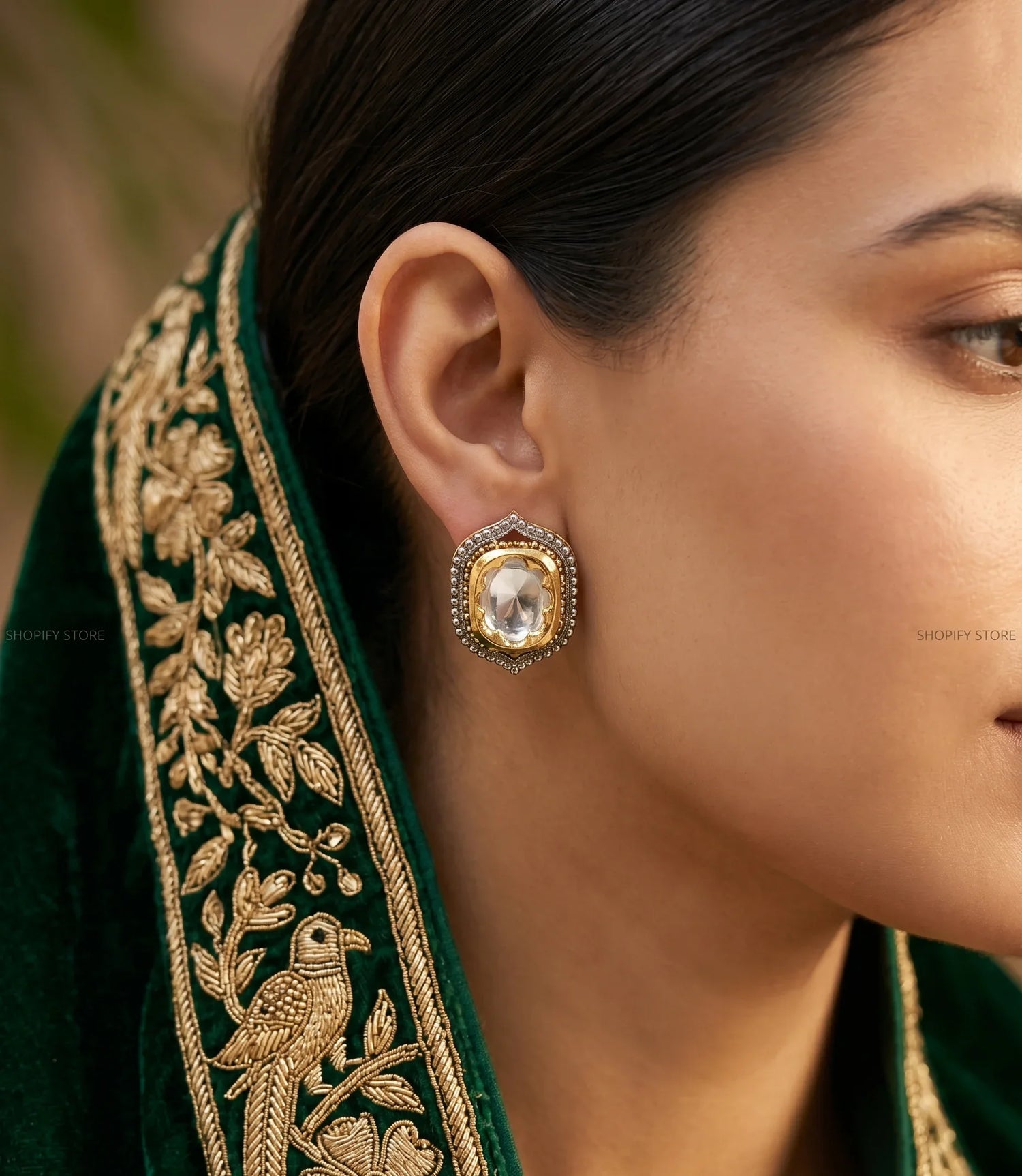Classic Polki Stud Earrings – Antique Gold