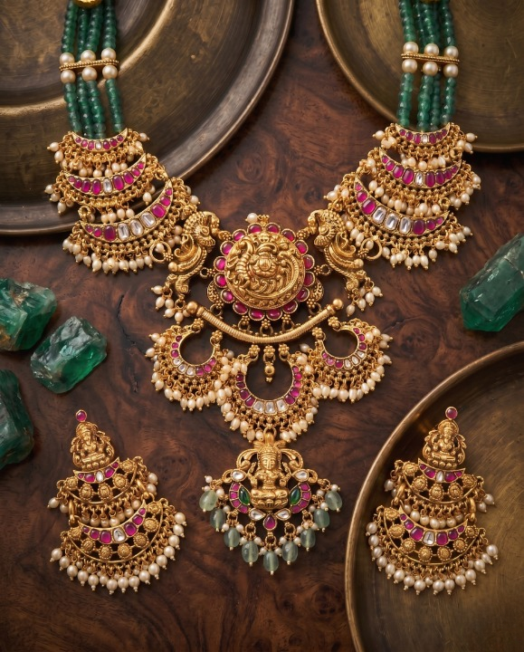 Elegant Temple Kundan Long Necklace Set – Antique Gold