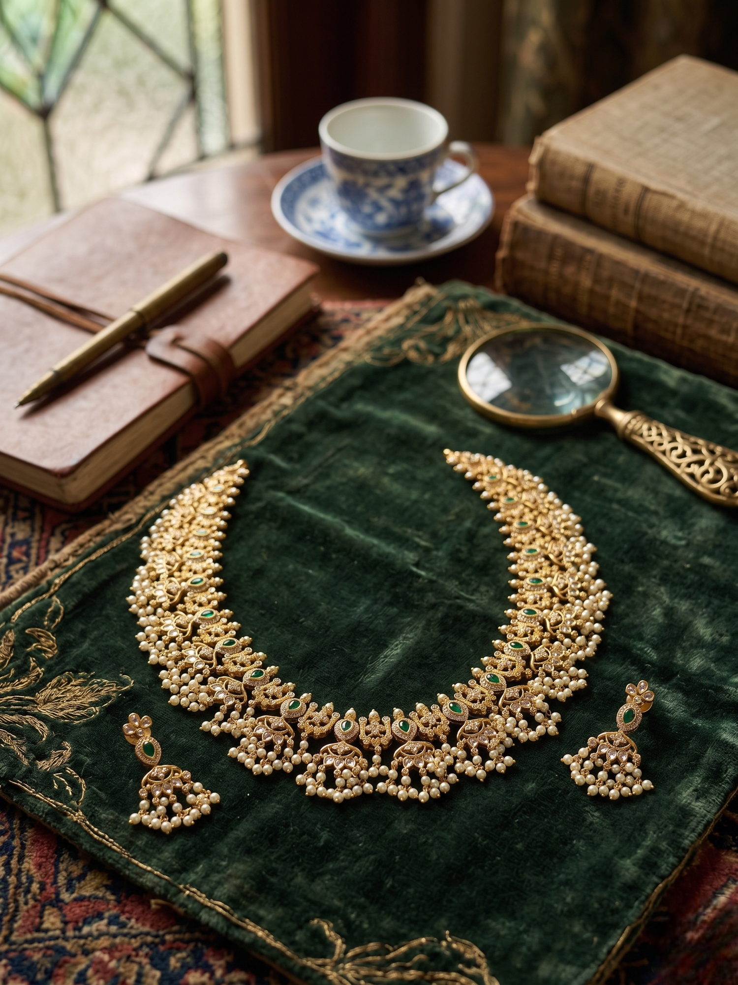 Classic Temple Kundan Long Necklace Set – Antique Gold