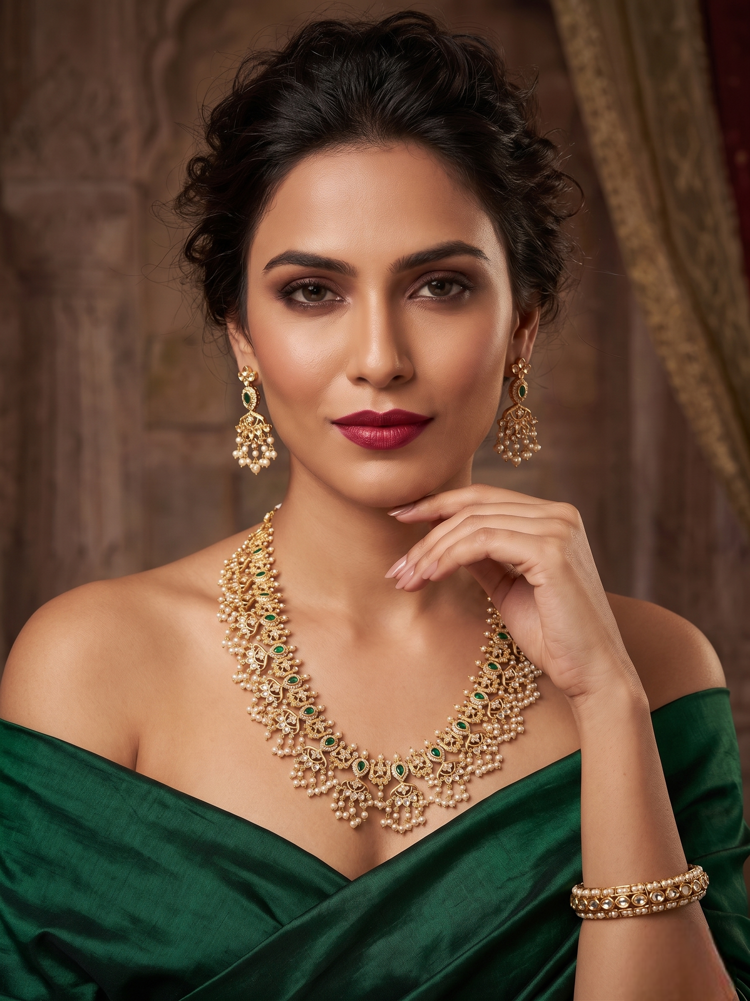 Classic Temple Kundan Long Necklace Set – Antique Gold