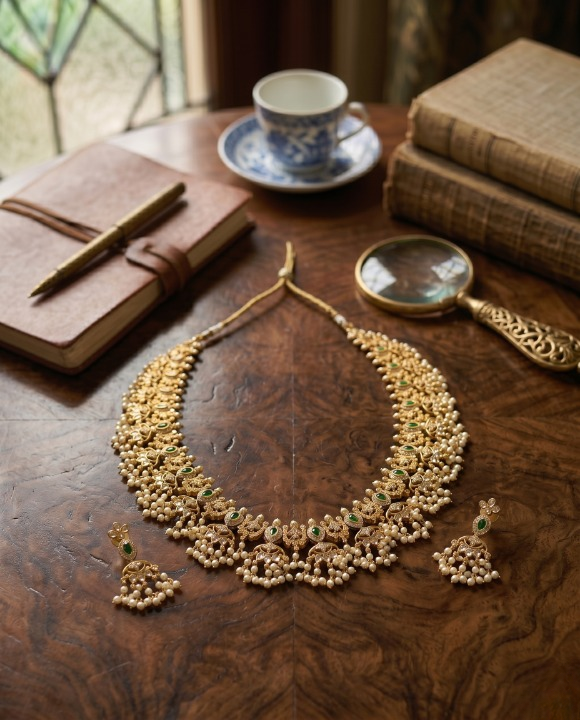 Classic Temple Kundan Long Necklace Set – Antique Gold