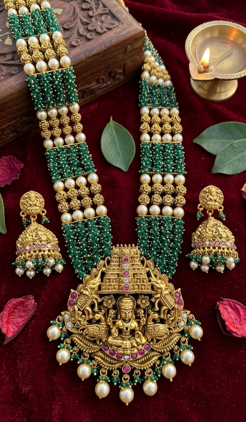 Bridal Temple Kundan Long Necklace Set – Antique Finish