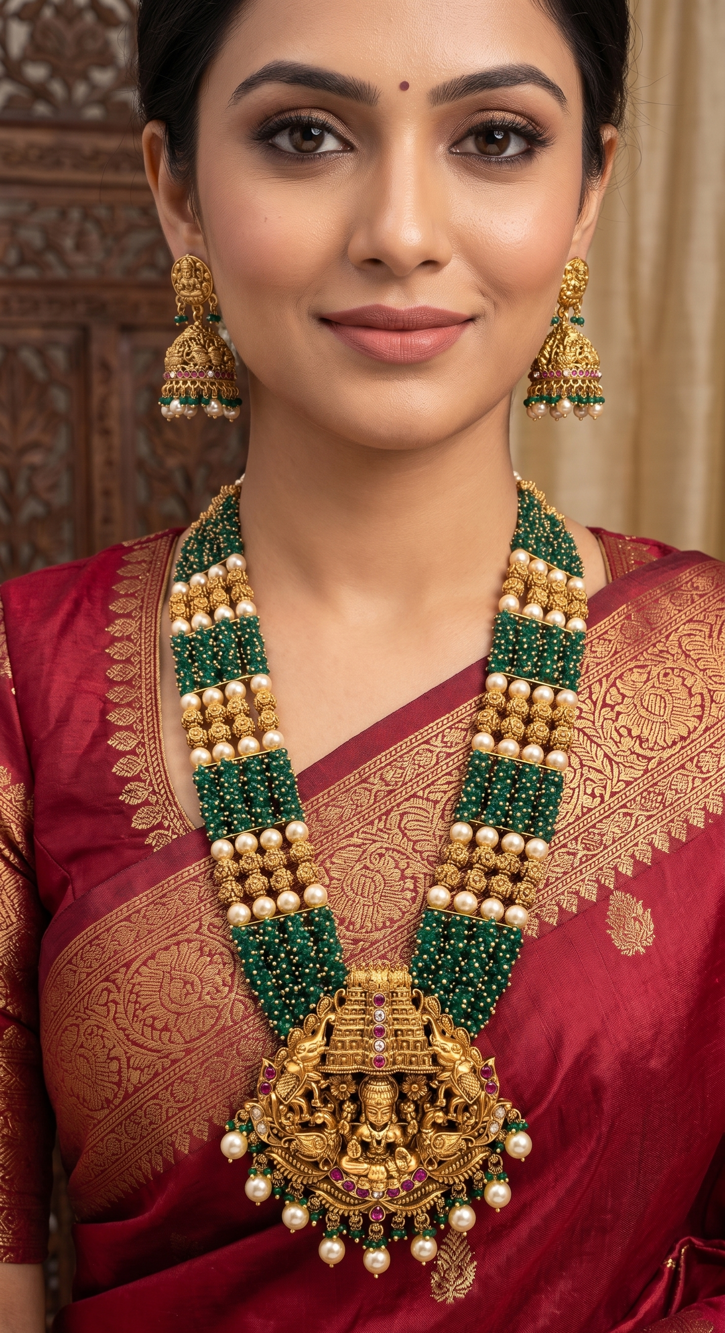 Bridal Temple Kundan Long Necklace Set – Antique Finish