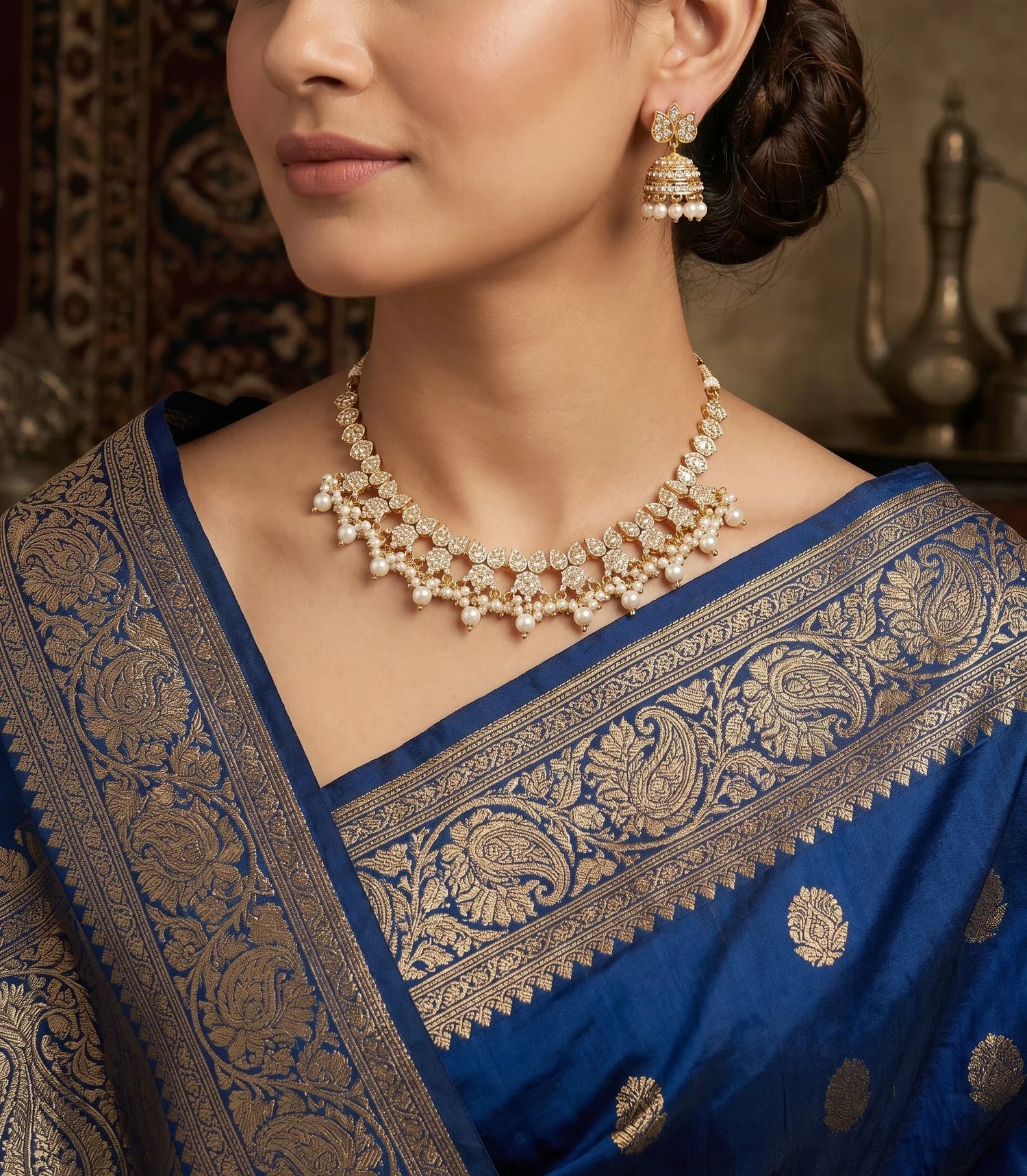 Elegant Moti Short Necklace Set – Gold