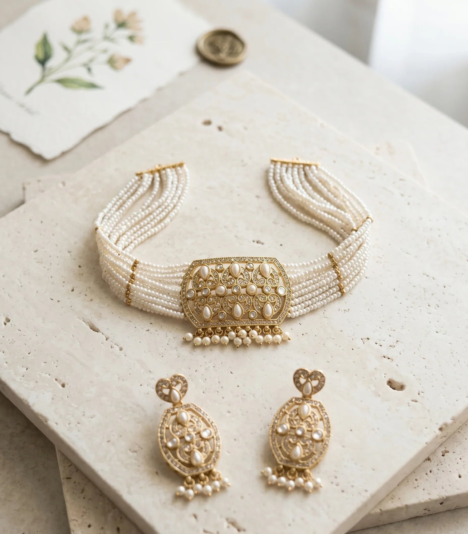 Classic Moti Choker Necklace Set – Gold