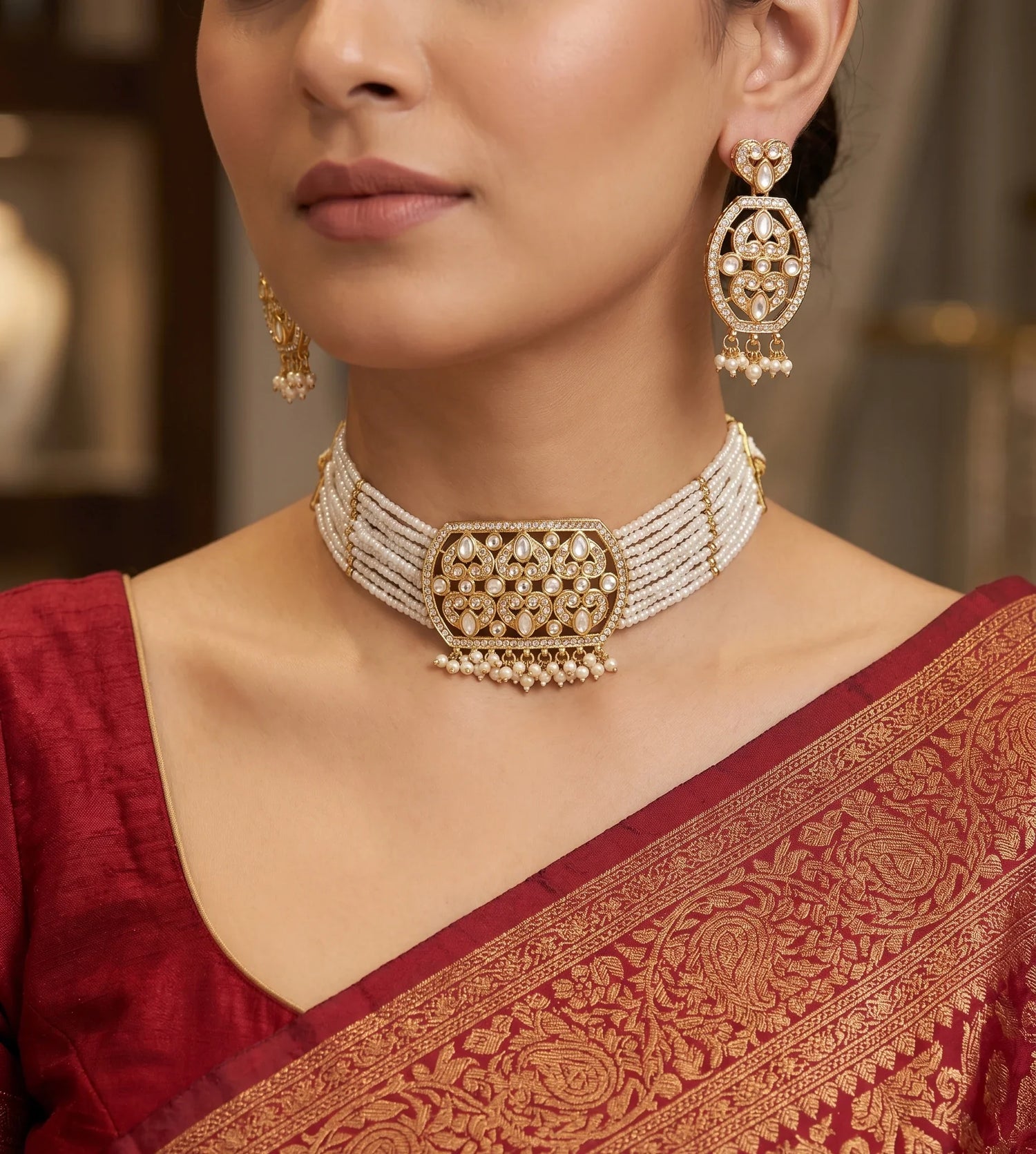 Classic Moti Choker Necklace Set – Gold