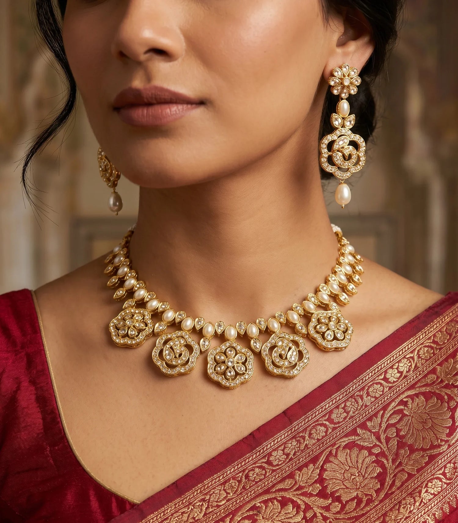 Moti Hasli Short Necklace Set – Gold