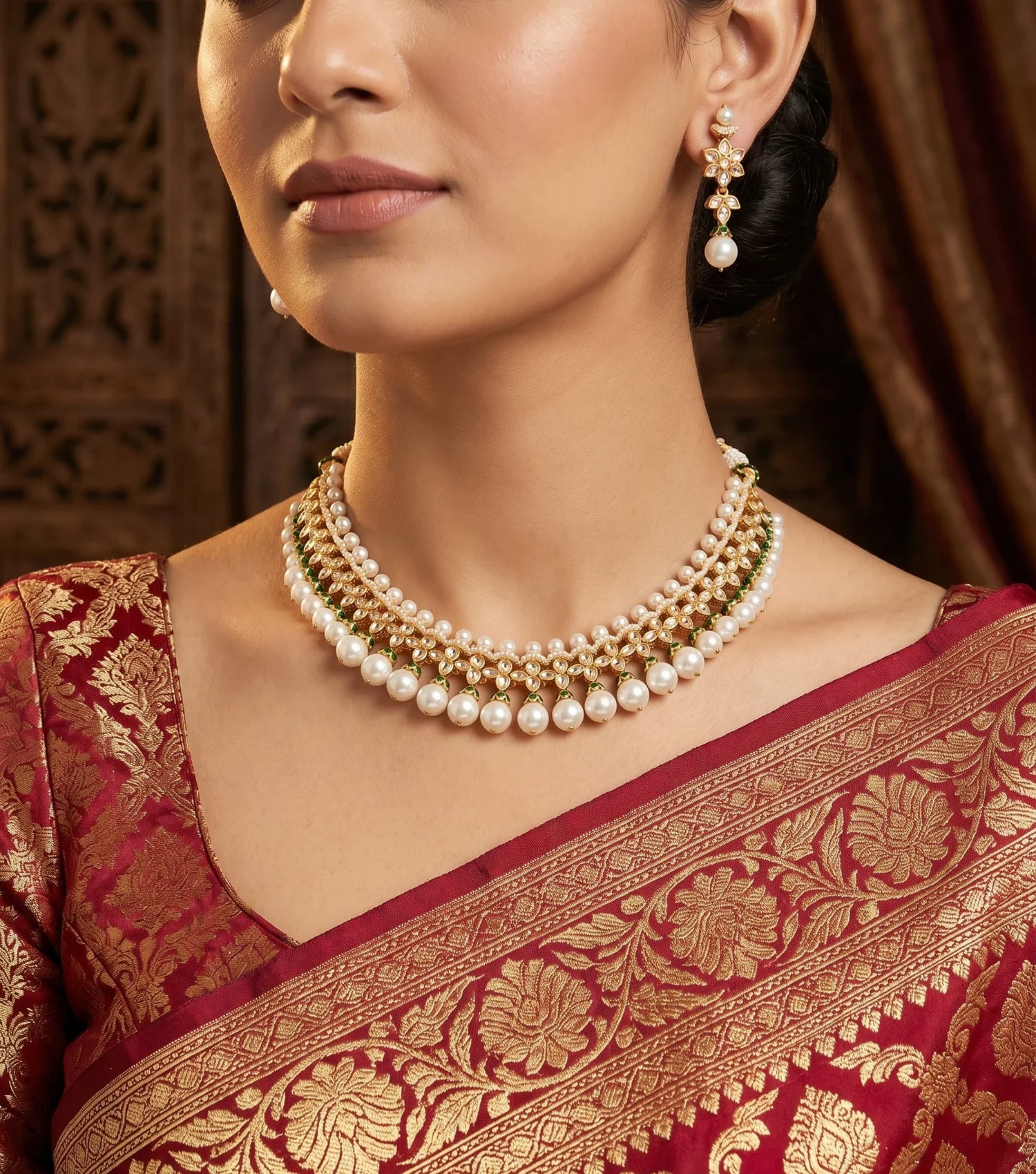Premium Moti Short Necklace Set – Gold