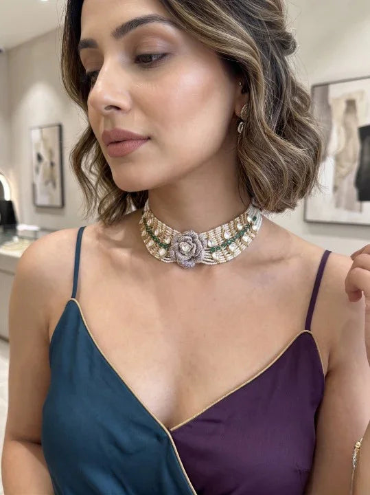 Zircon Polki IndoWestern Choker Set – Antique Gold