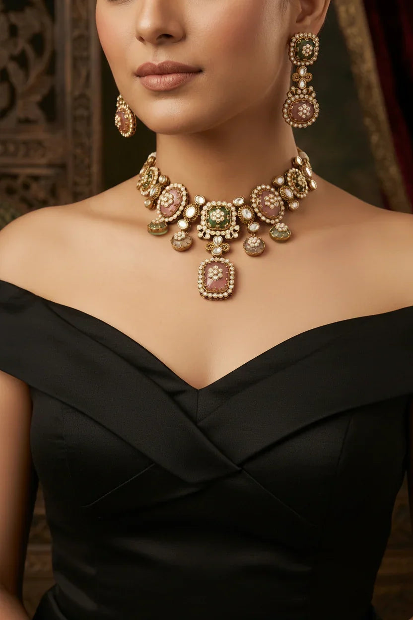 Multicolor Stone IndoWestern Short Necklace Set – Gold
