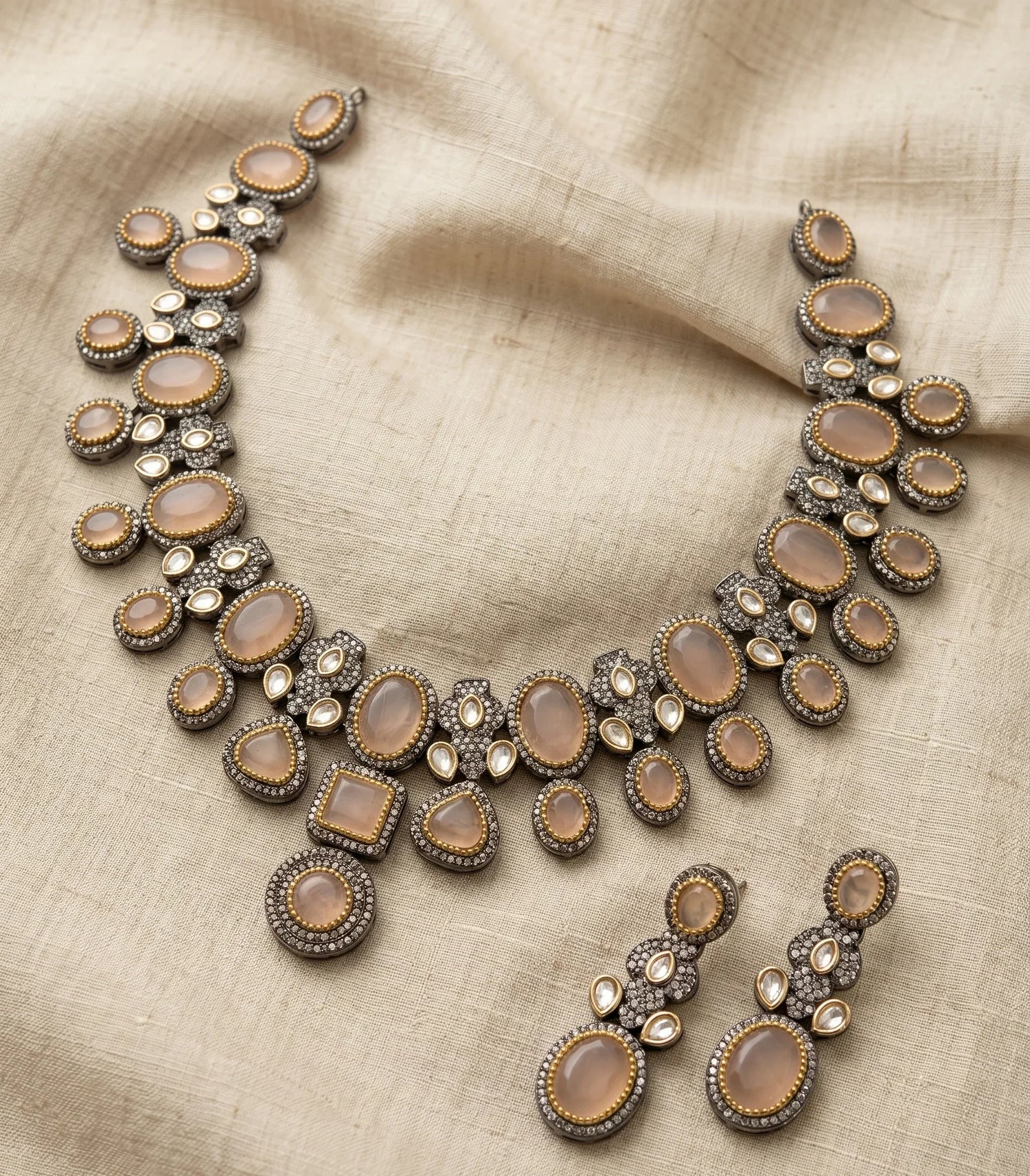 Rose Quartz IndoWestern Short Necklace Set – Antique Gold