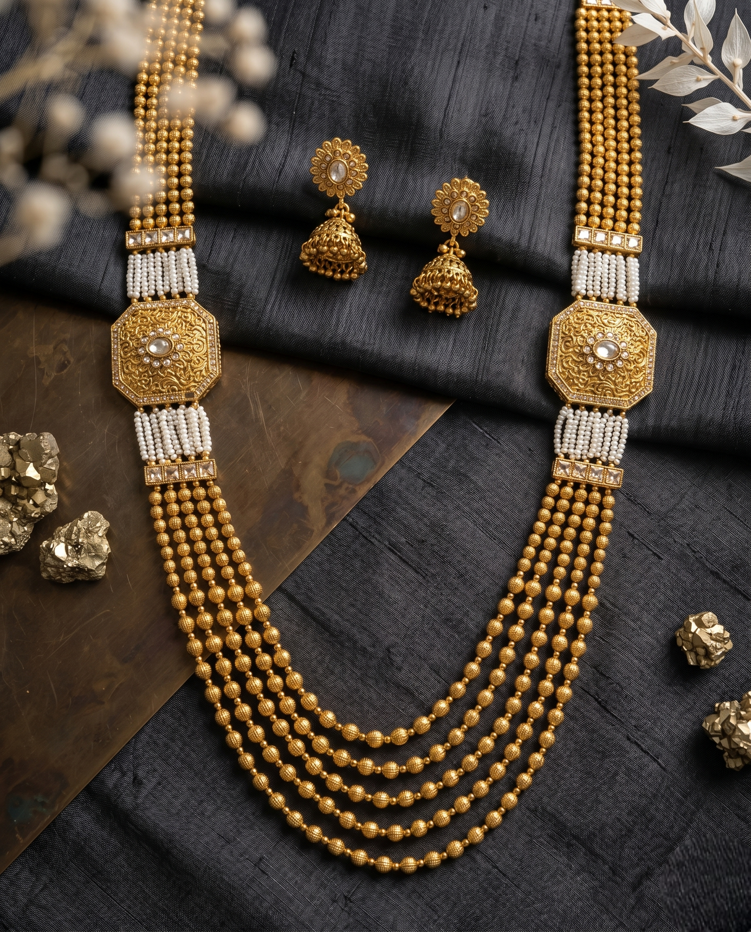Classic Jadtar Kundan Long Necklace Set – Antique Gold