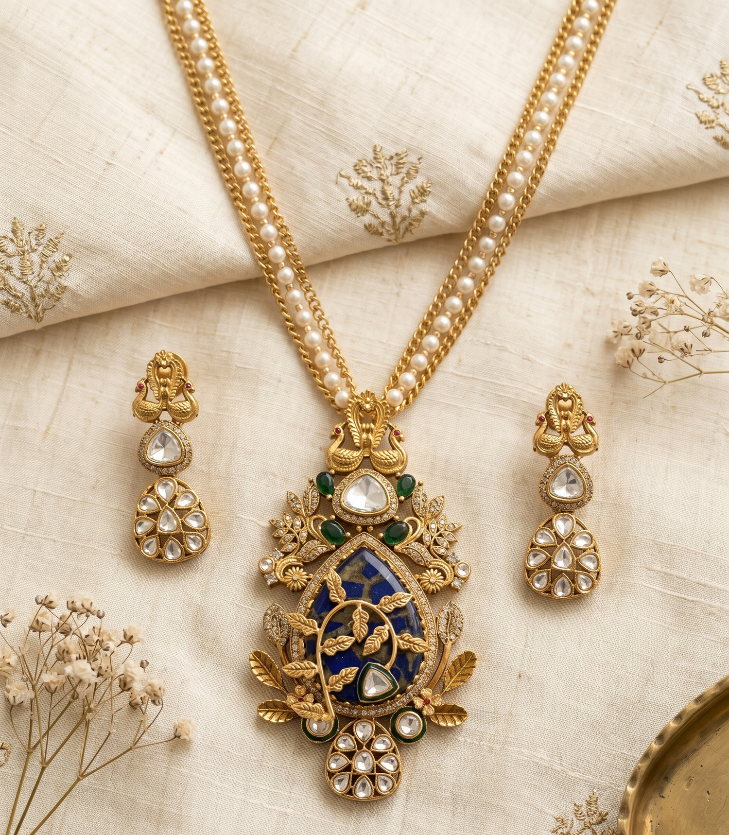 Polki Zircon Long Necklace Set – Antique Gold