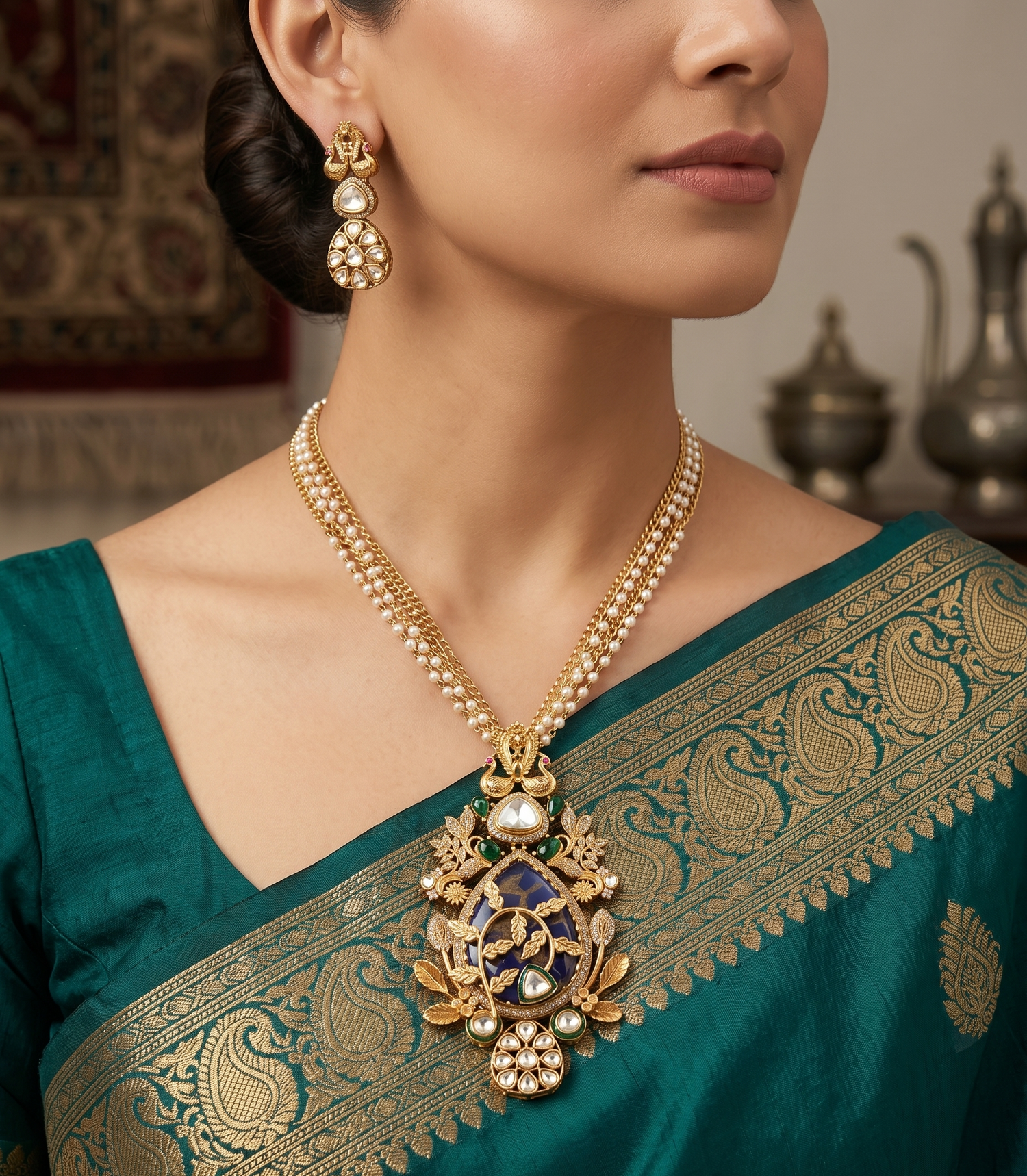 Polki Zircon Long Necklace Set – Antique Gold