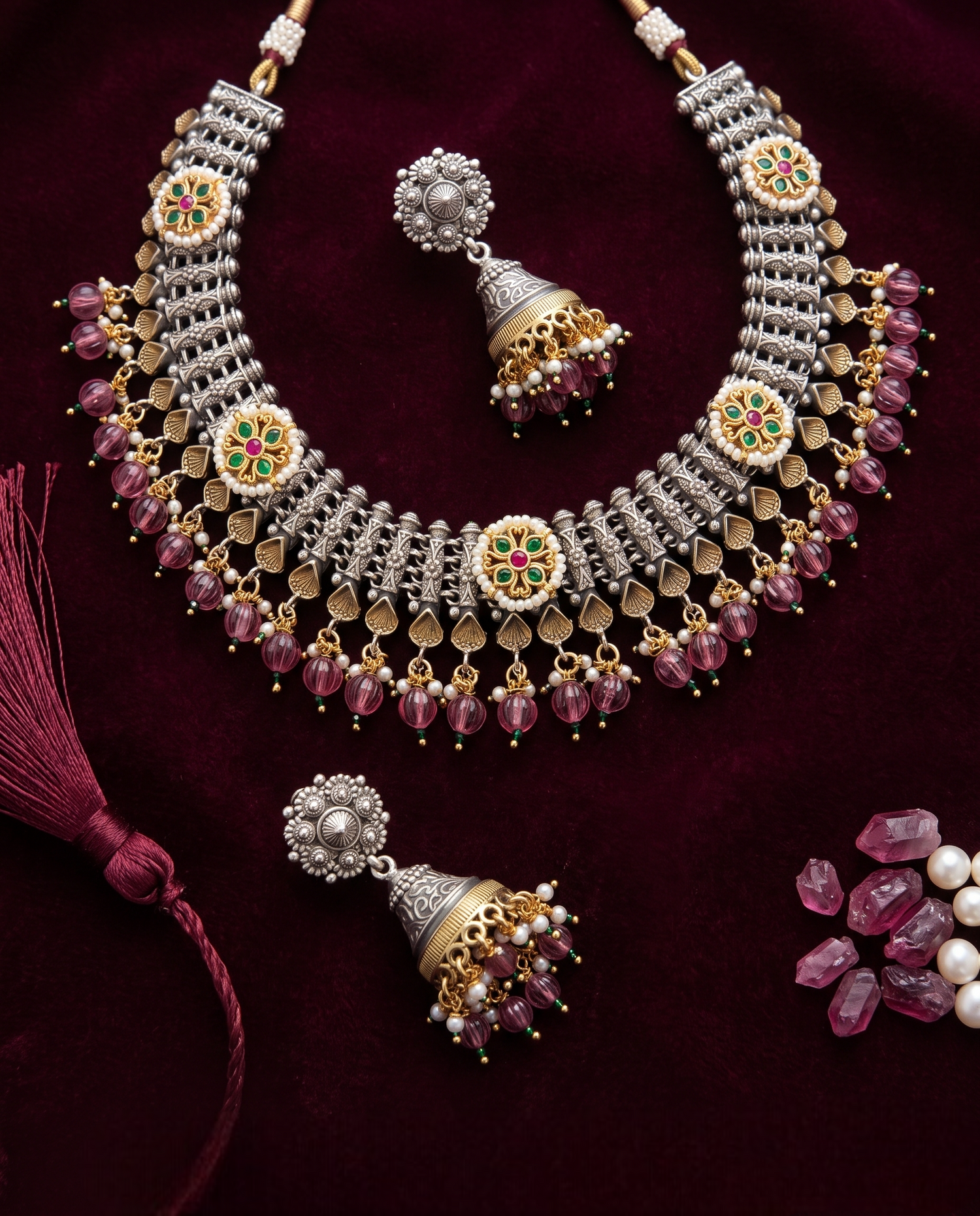 Navratri Silver Plain Necklace Set