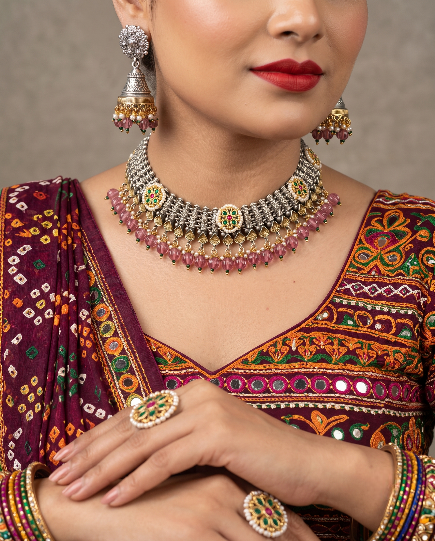Navratri Silver Plain Necklace Set