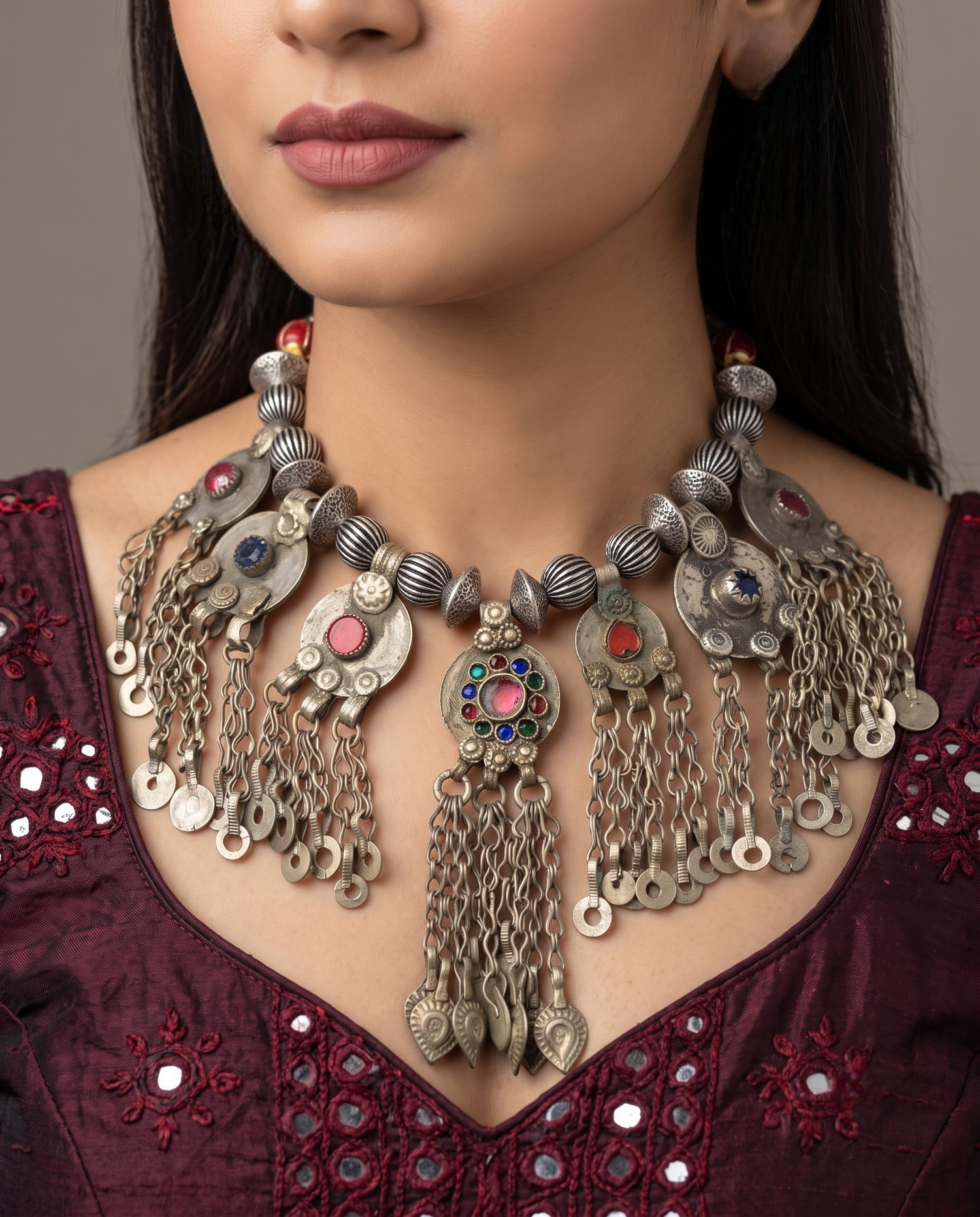 Navratri Silver Stone Statement Necklace