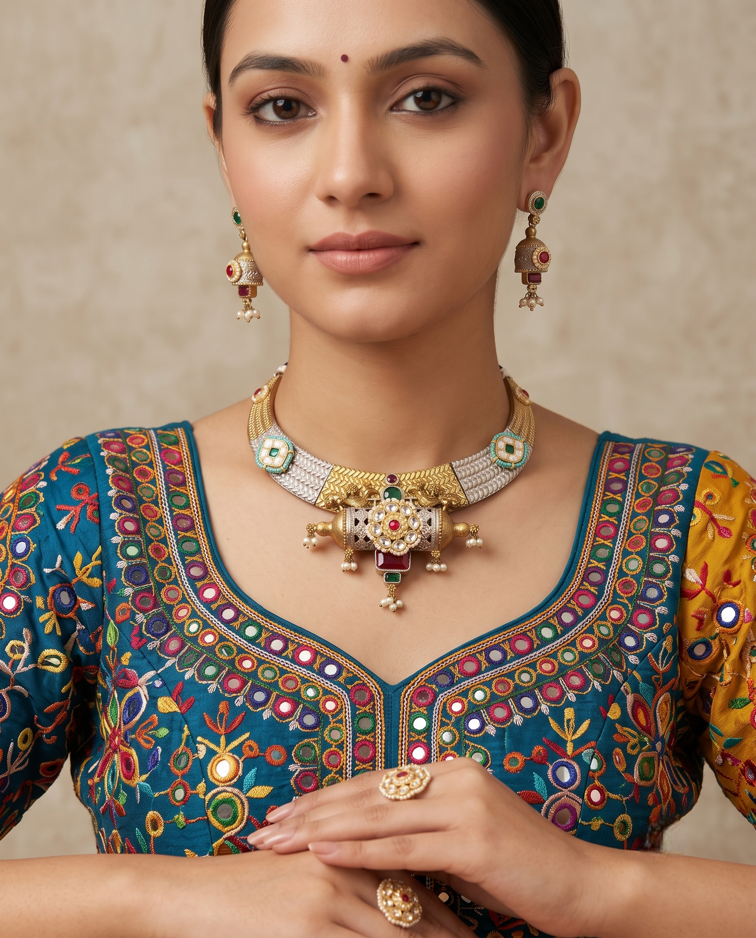 Silver Hasli Necklace Set with Color Stones