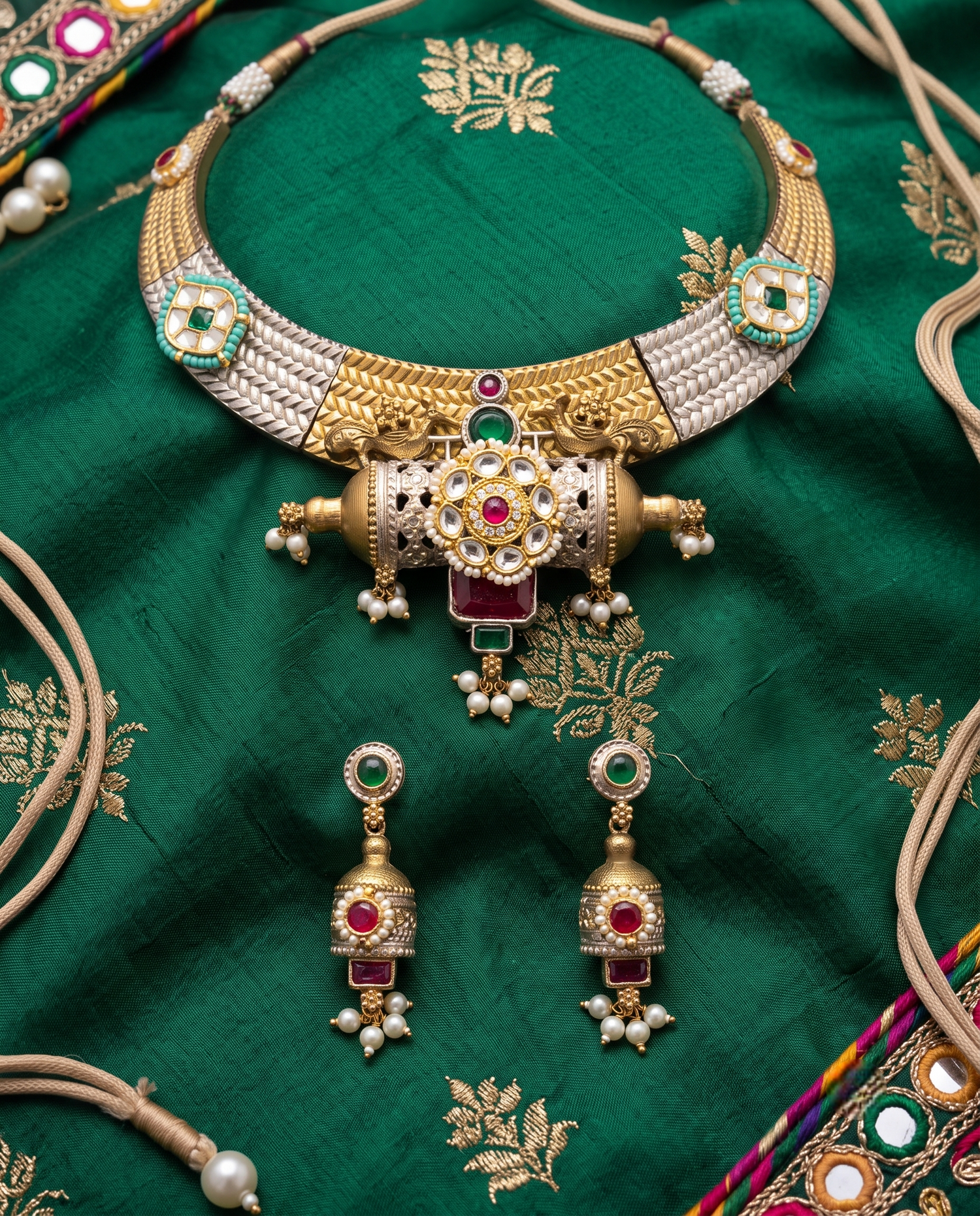 Silver Hasli Necklace Set with Color Stones