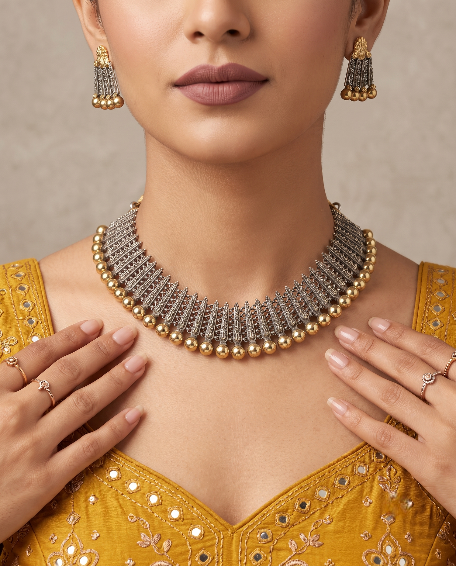 Silver Gold Finish Navratri Necklace Set