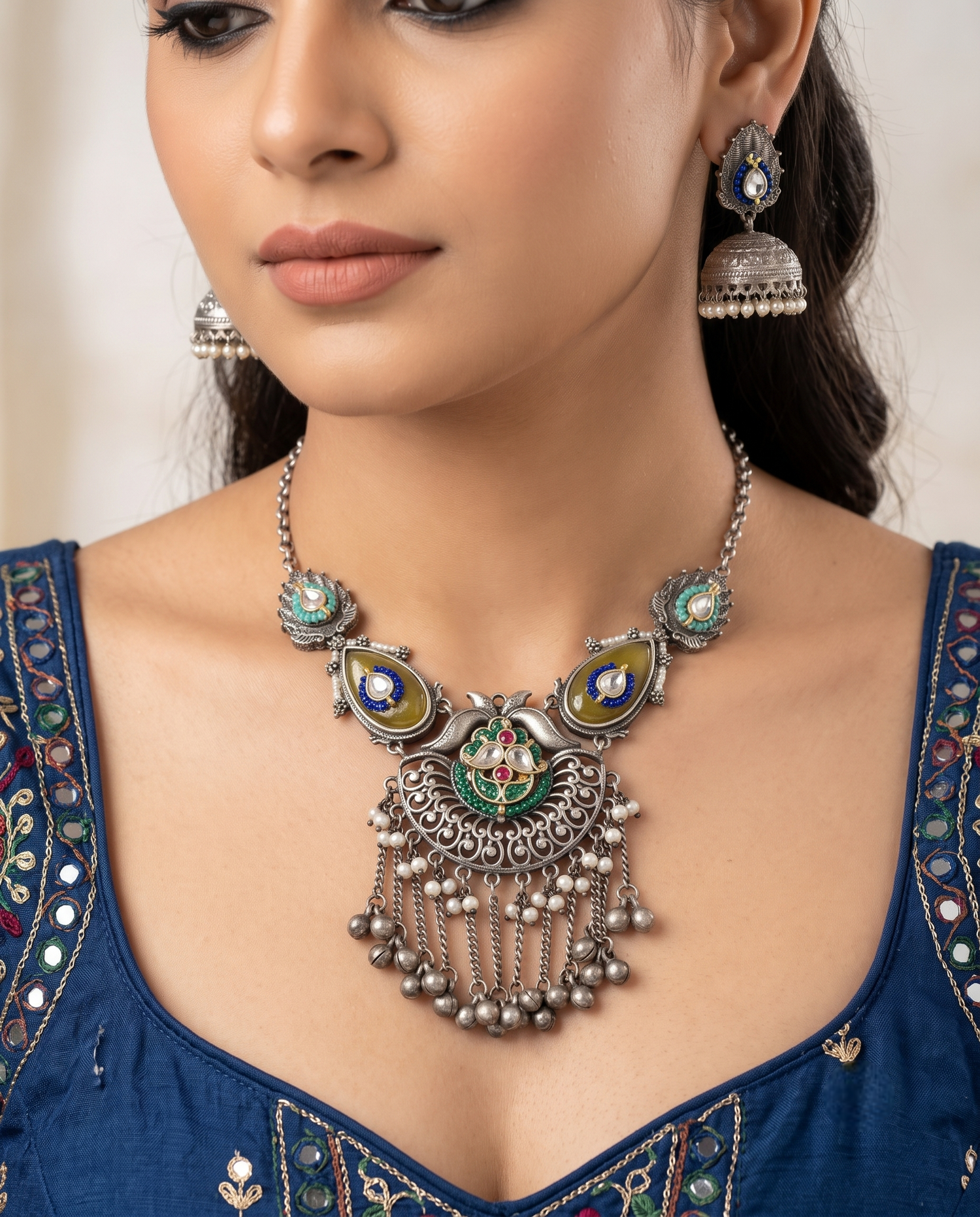 Silver Stone & Moti Necklace Set