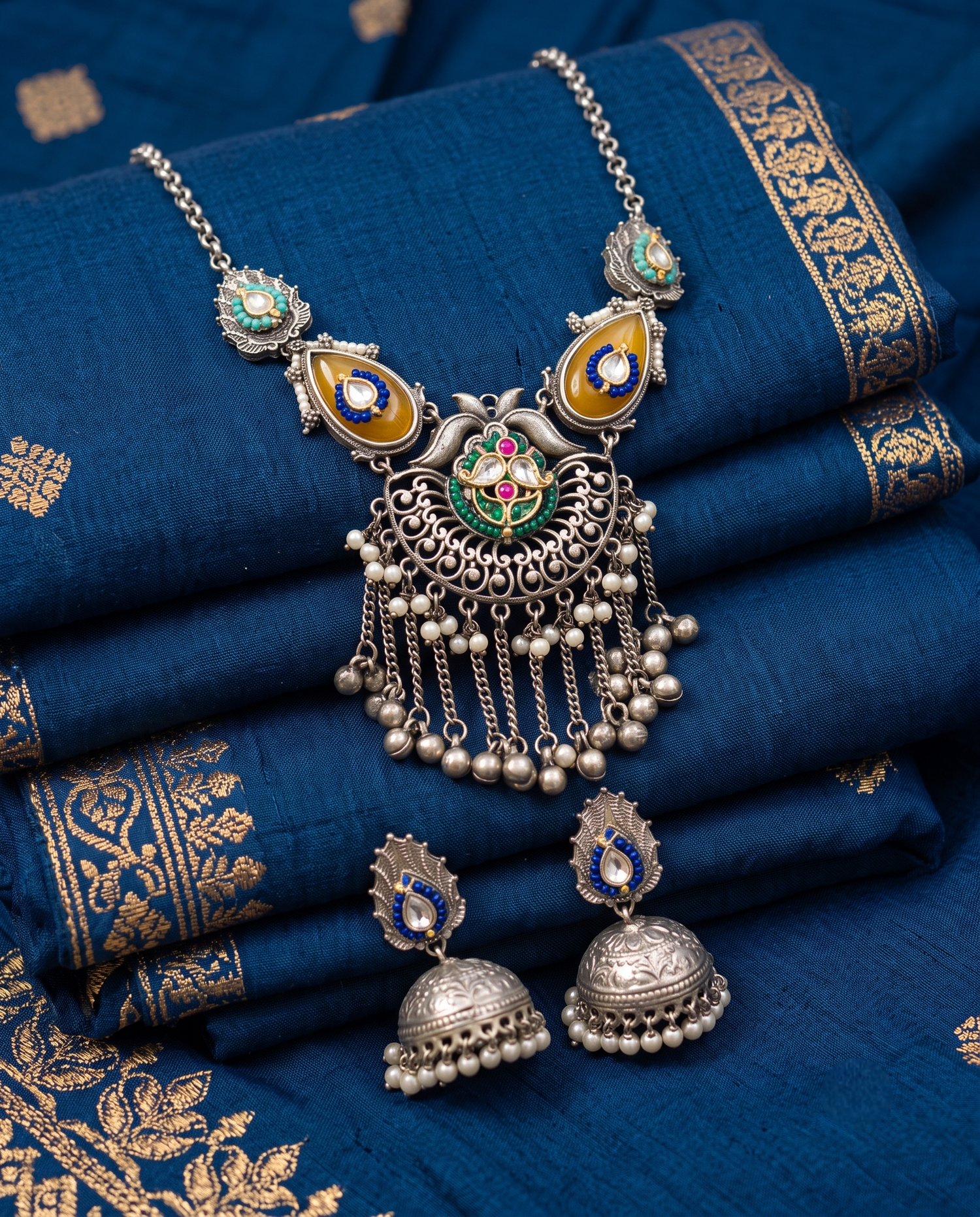 Silver Stone & Moti Necklace Set