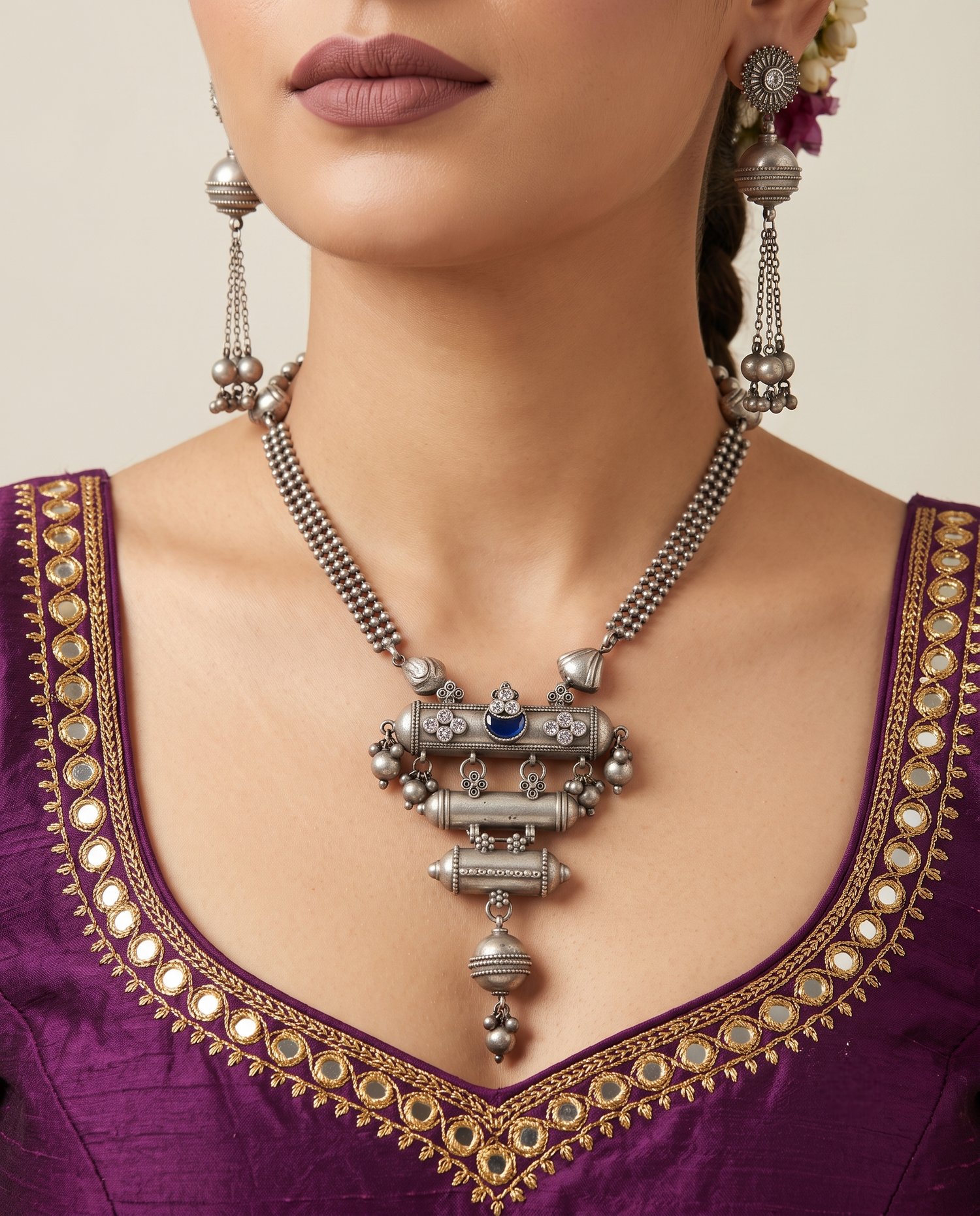 Traditional Silver Moti Necklace Set