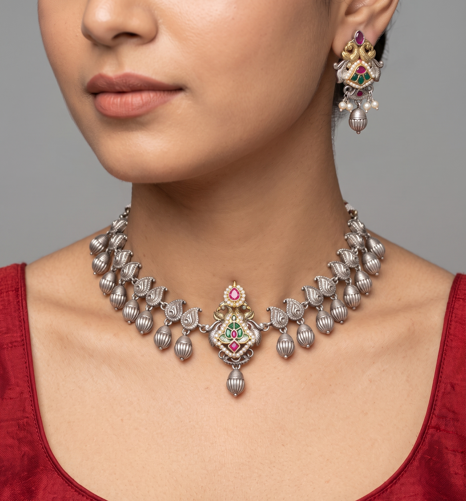 Silver Pearl Necklace Set for Navratri