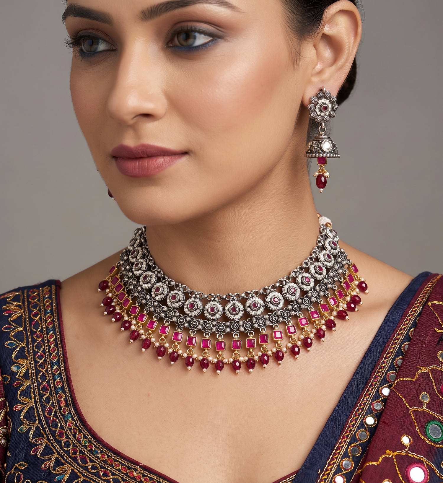 Royal Silver Stone Necklace Set