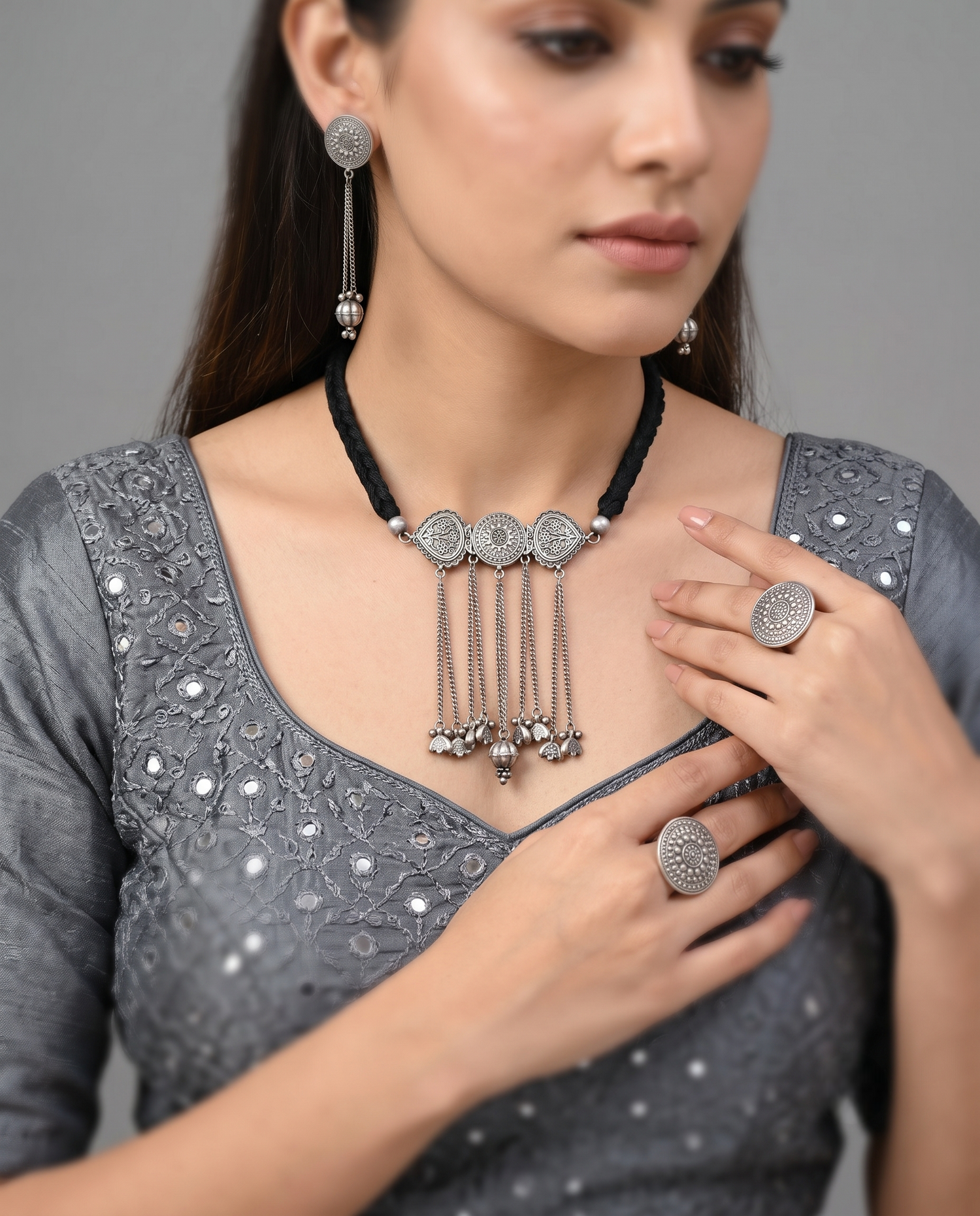 Silver Choker Jewellery Set with Ring