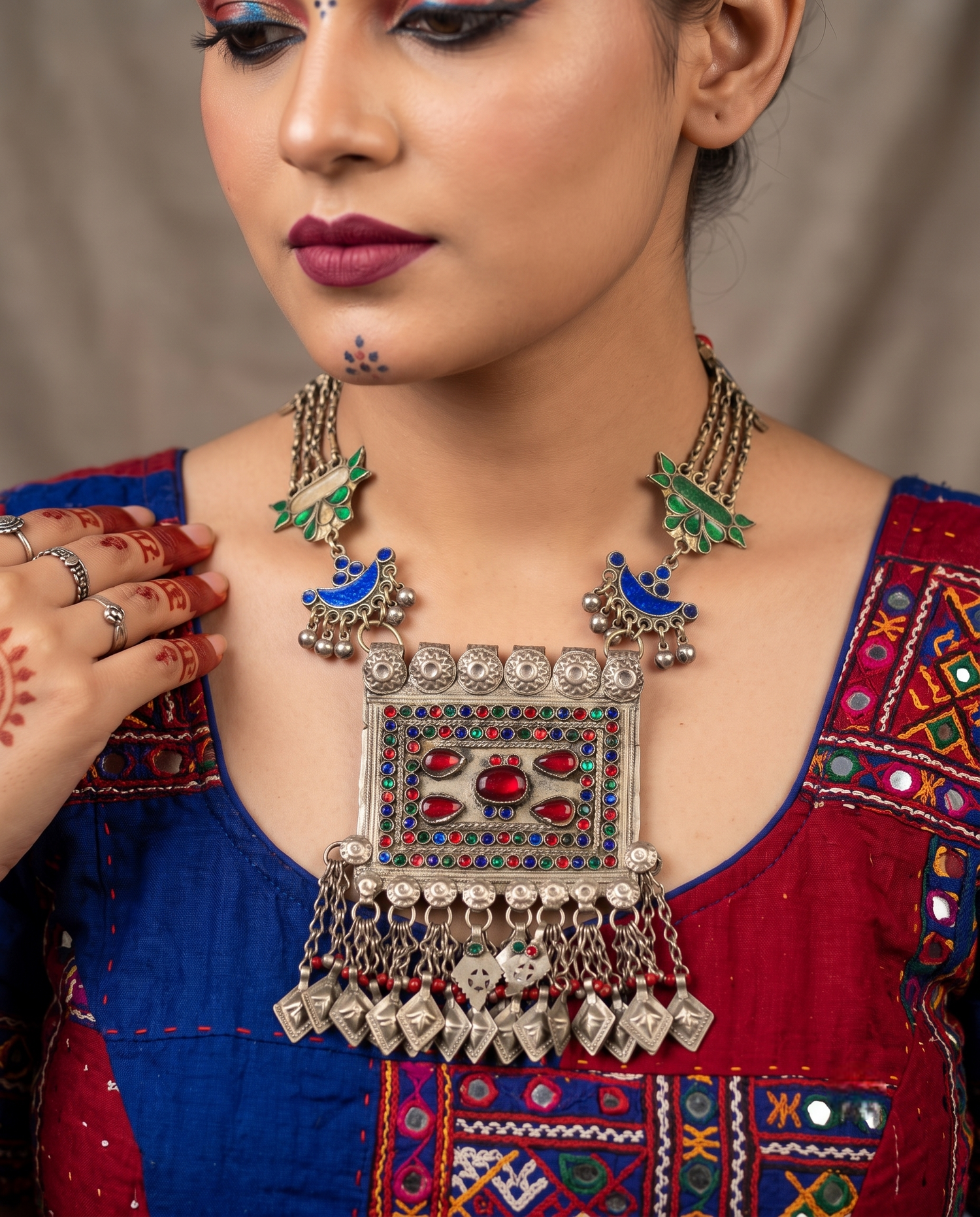 Silver Color Stone Statement Necklace