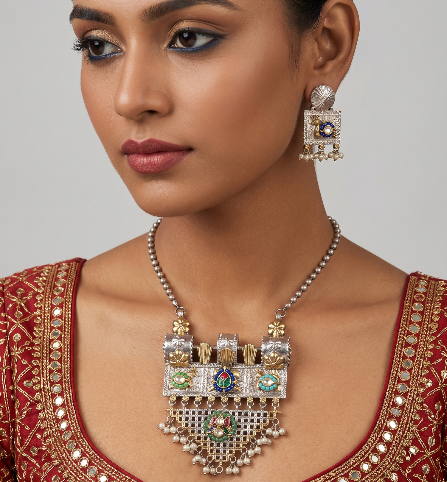 Luxury Silver Color Moti Necklace Set