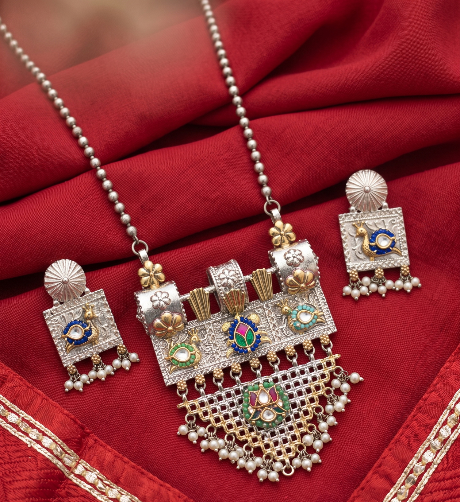 Luxury Silver Color Moti Necklace Set