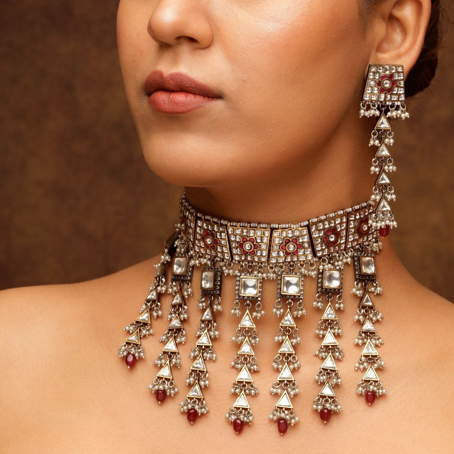 Extended Kundan Polki Necklace Set with Beaded Drops – | Studio Gulabi