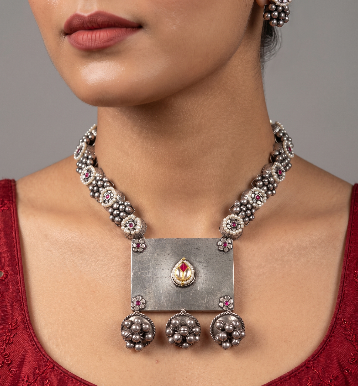 Silver Moti Necklace Set for Women