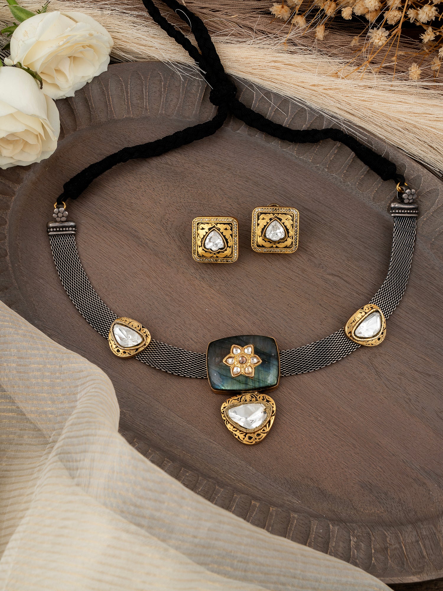 Moissanite Polki & Labradorite Silver Necklace Set