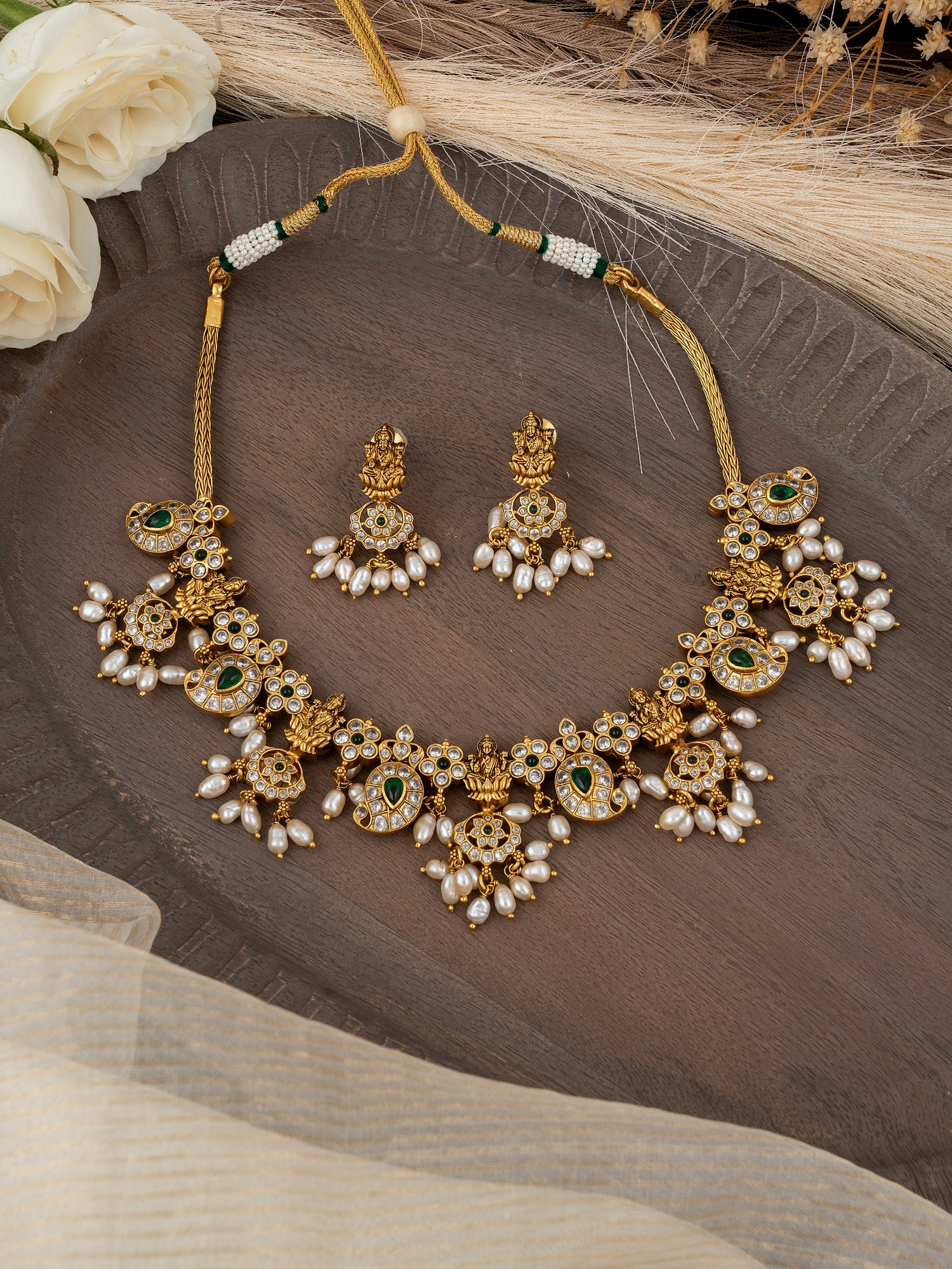 Temple Necklace Set with Freshwater Pearls