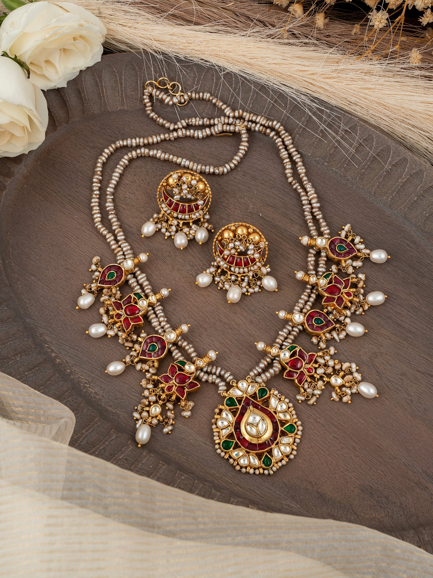 Multicolor Jadau Kundan Necklace Set with Freshwater Pearls