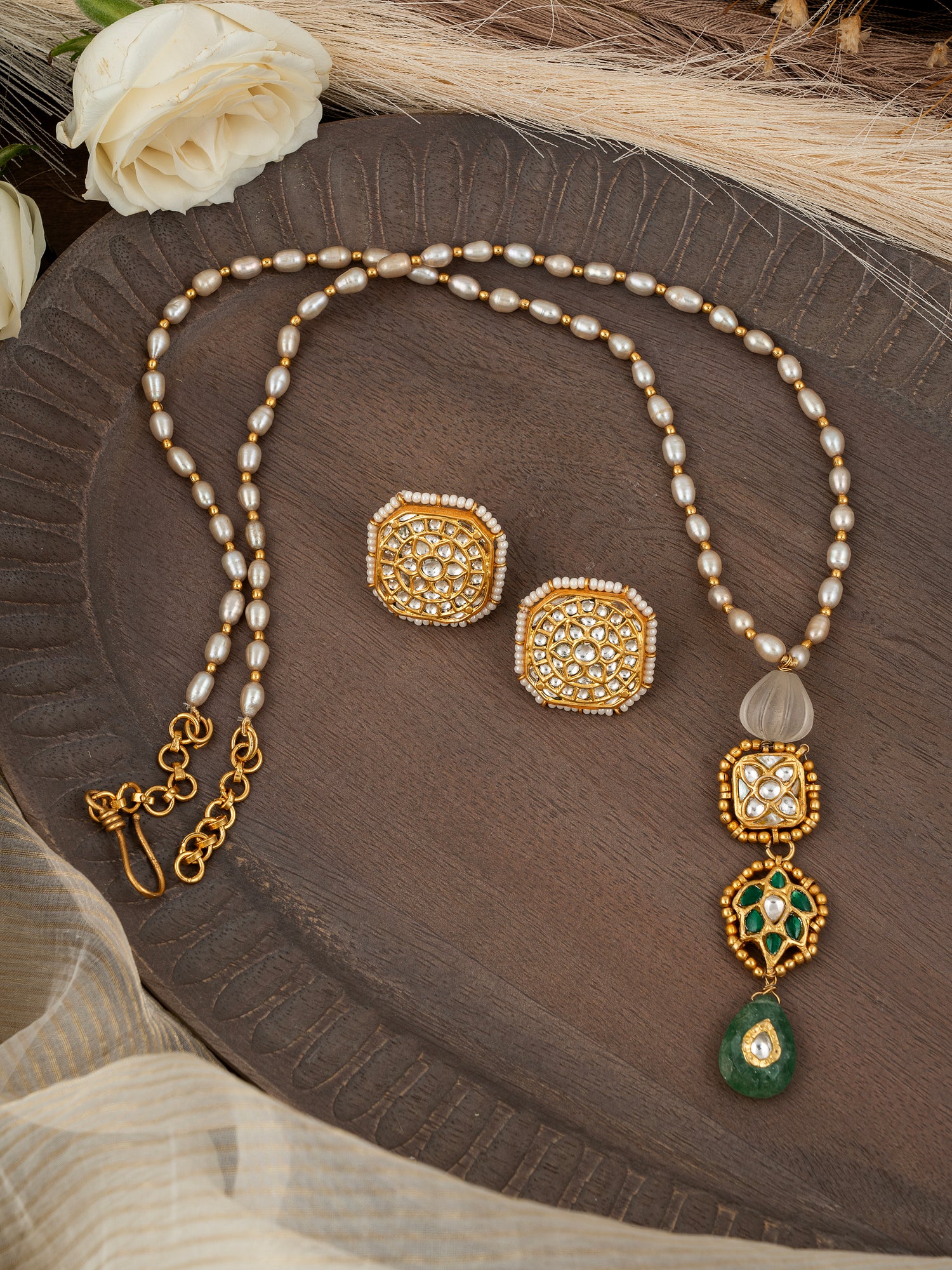Jadau Kundan Pendent Set with Freshwater Pearls
