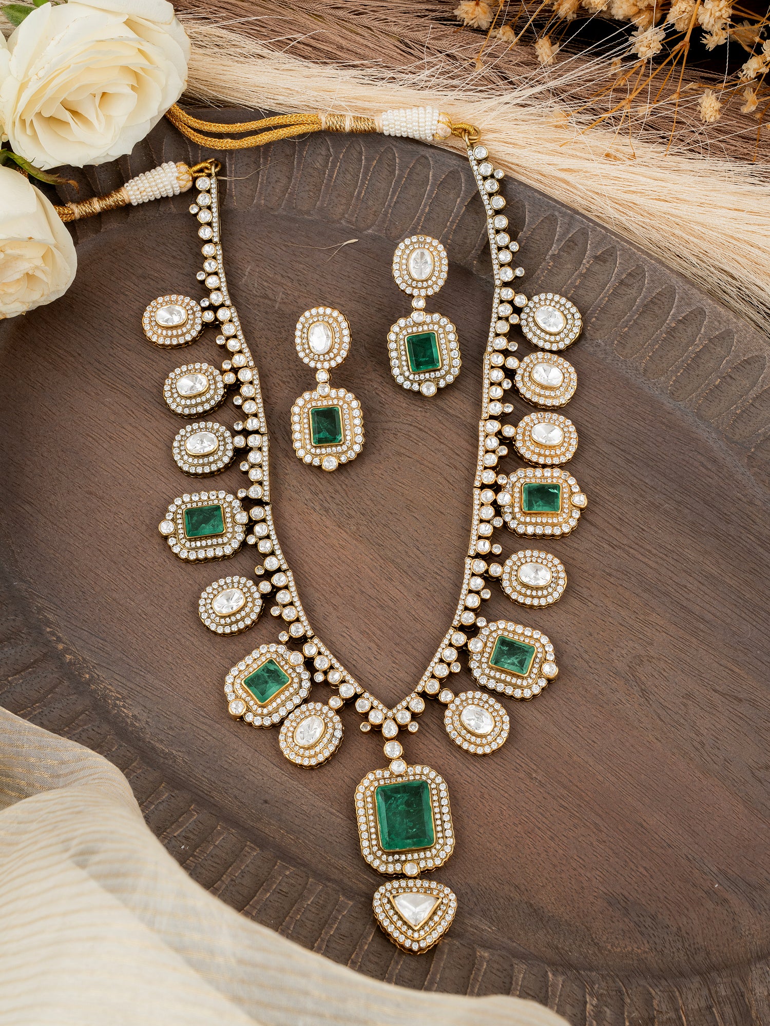 Polki Necklace Set in 92.5 Silver with Silver Plating