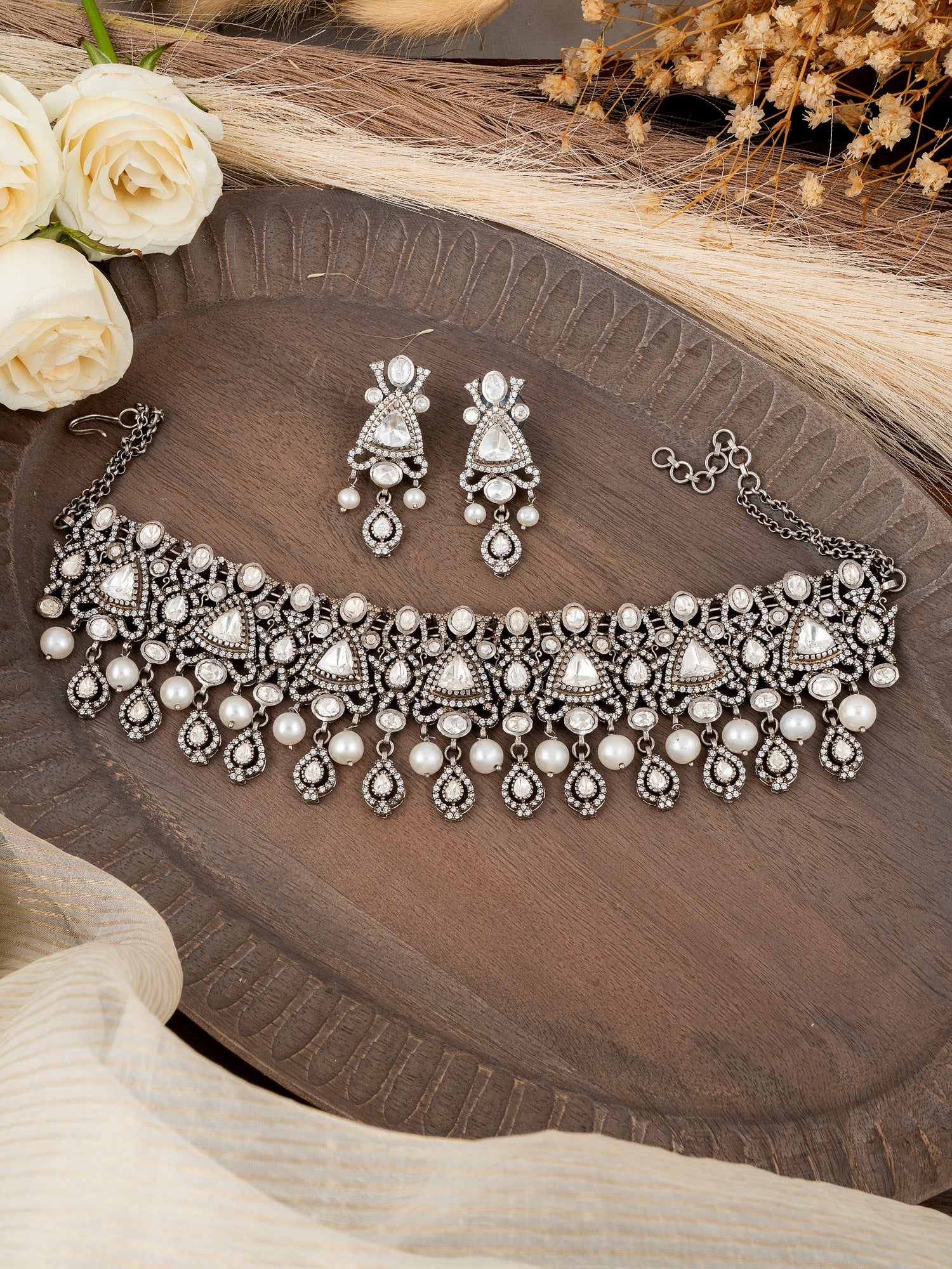 Polki Necklace Set in 92.5 Silver with Silver Plating