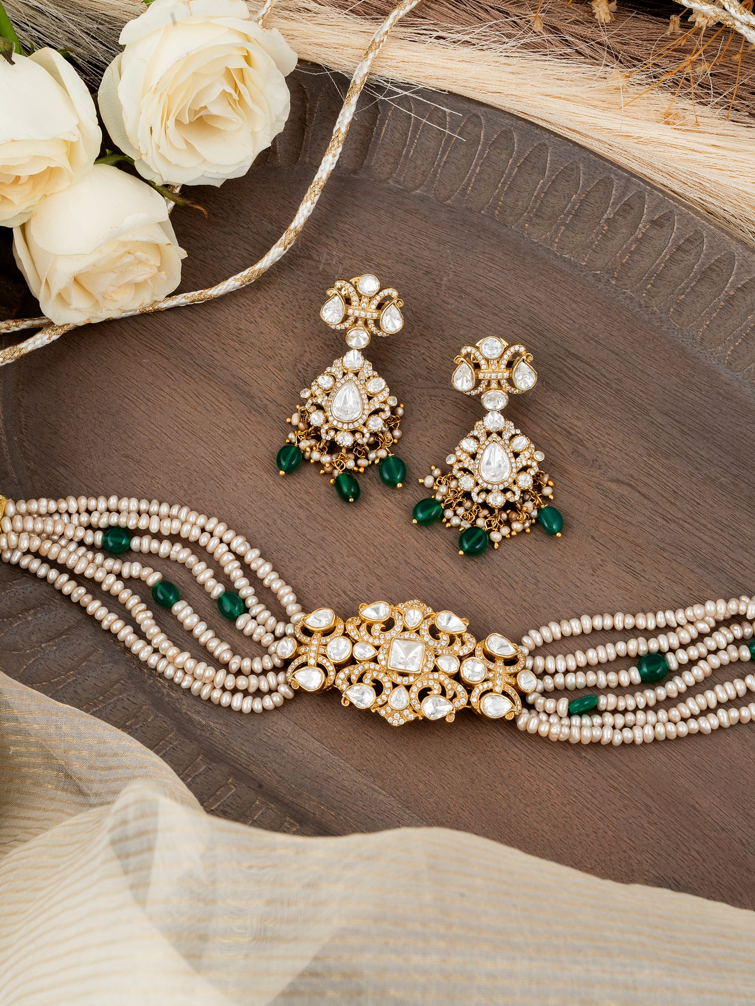 Polki Necklace Set in 92.5 Silver with Gold Plating