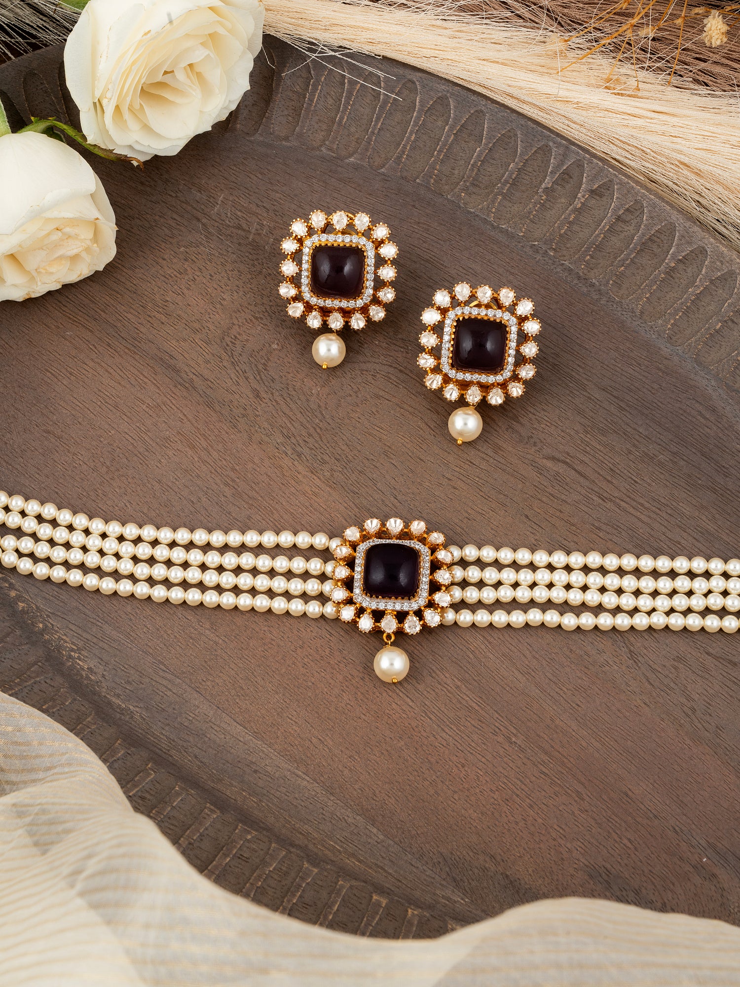 Polki Necklace Set in 92.5 Silver with Gold Plating