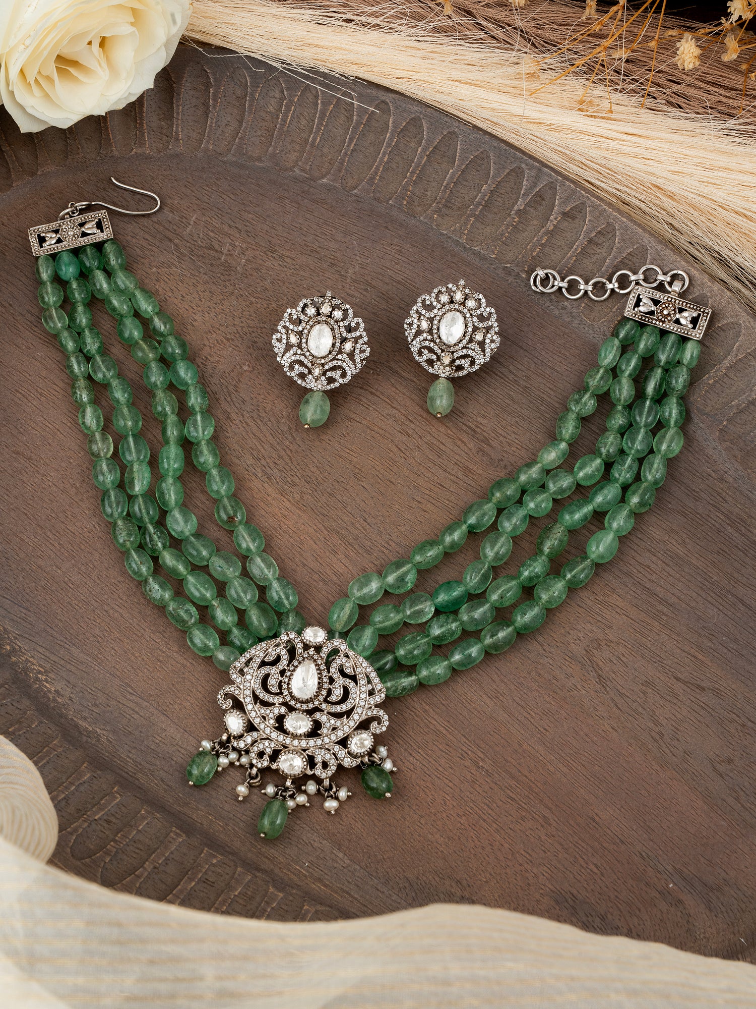 Polki & Green Bead Necklace Set in 92.5 Silver