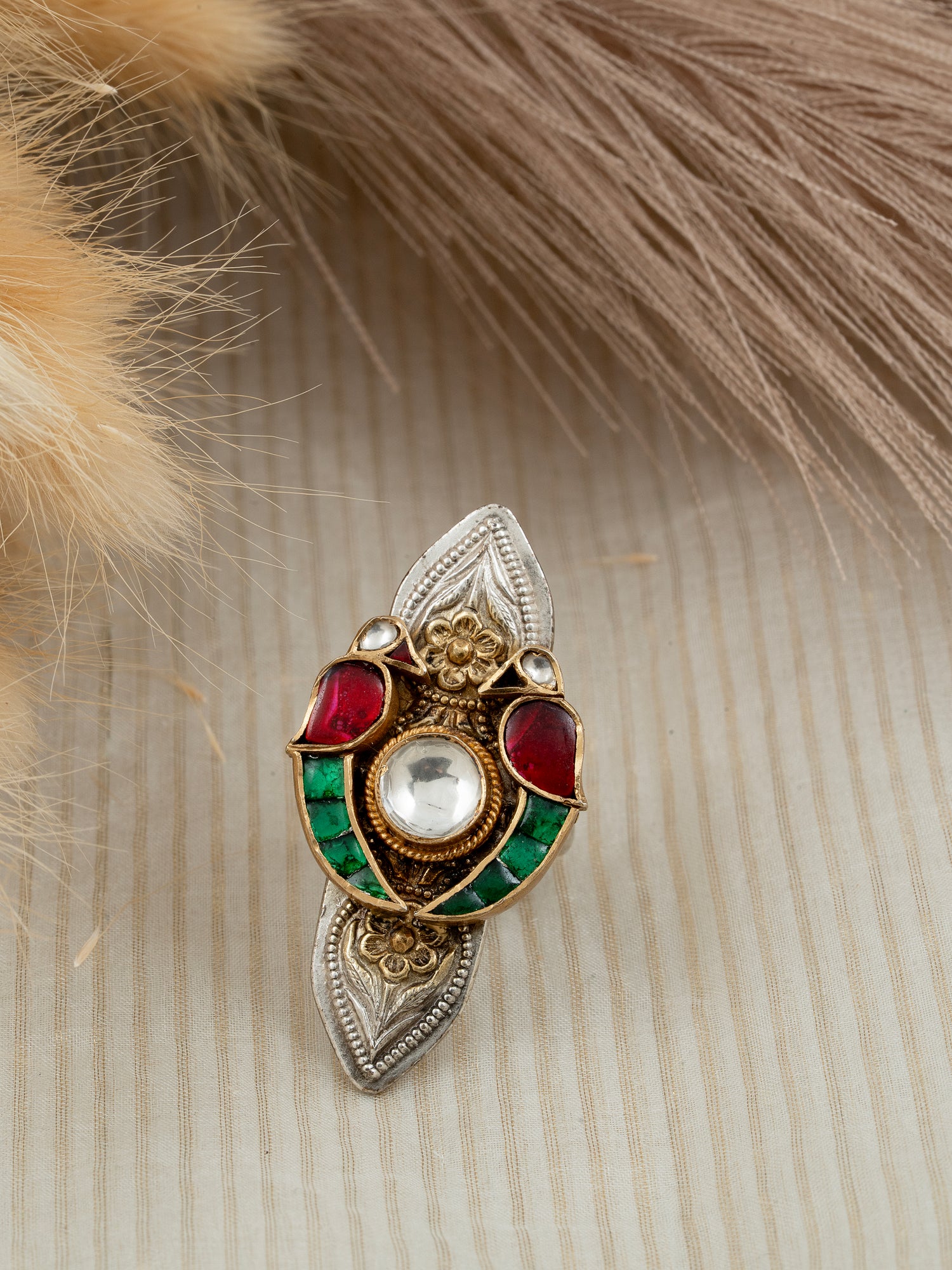 Multicolour Jadau Kundan Ring - 92.5 Silver