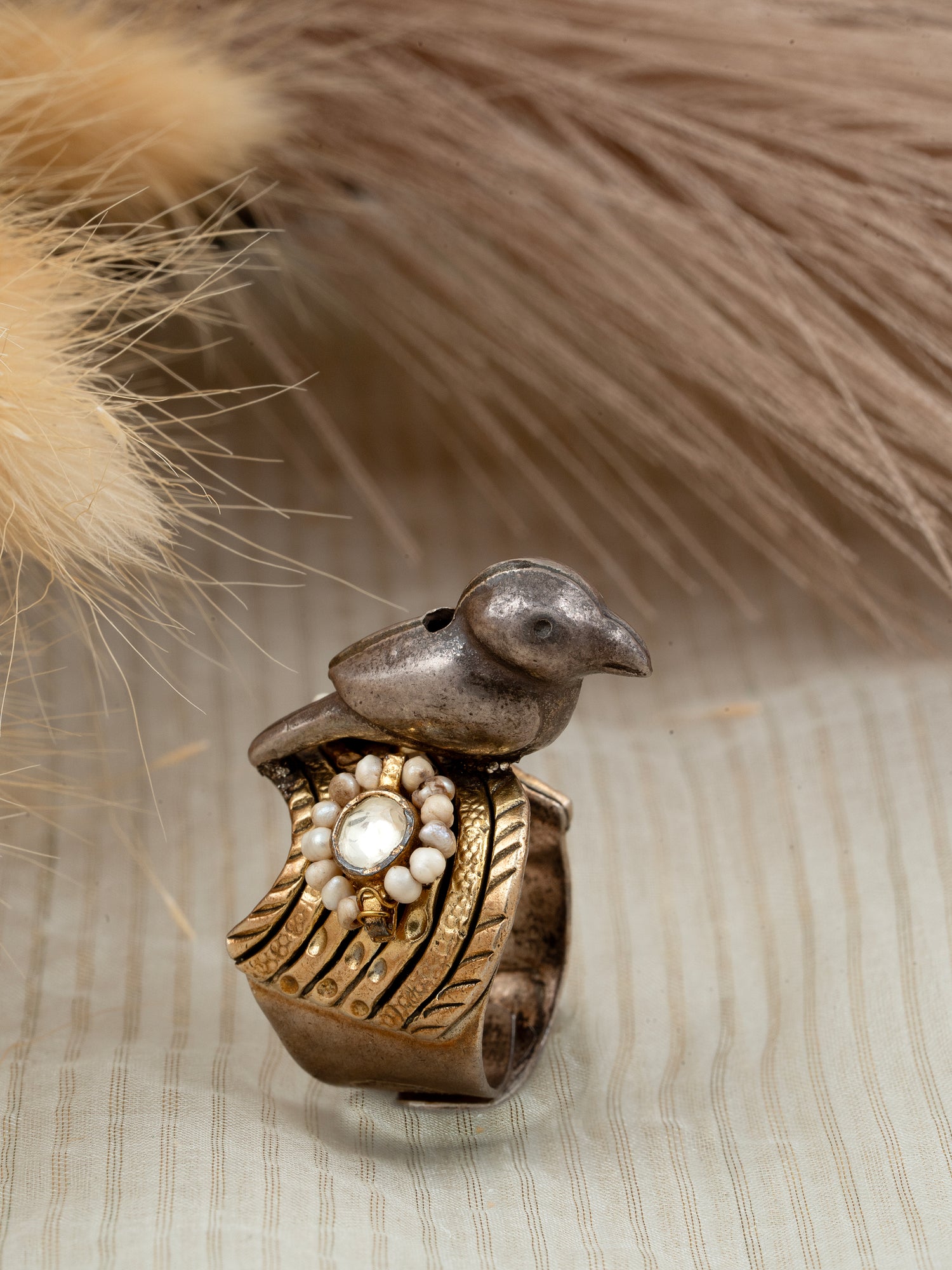 Two Tone Jadau Kundan Ring - 92.5 Silver Gold & Silver Plated