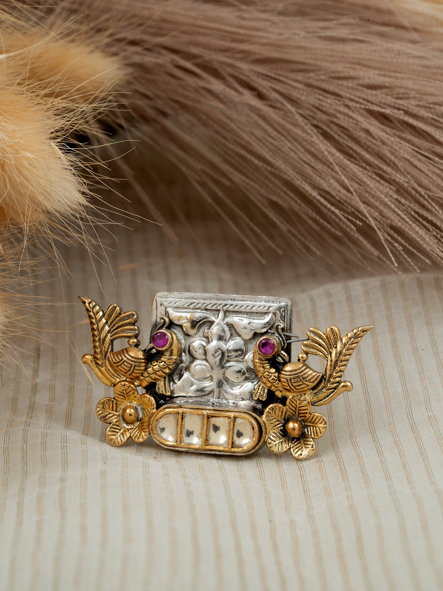 Two Tone Jadau Kundan Ring - 92.5 Silver Gold & Silver Plated